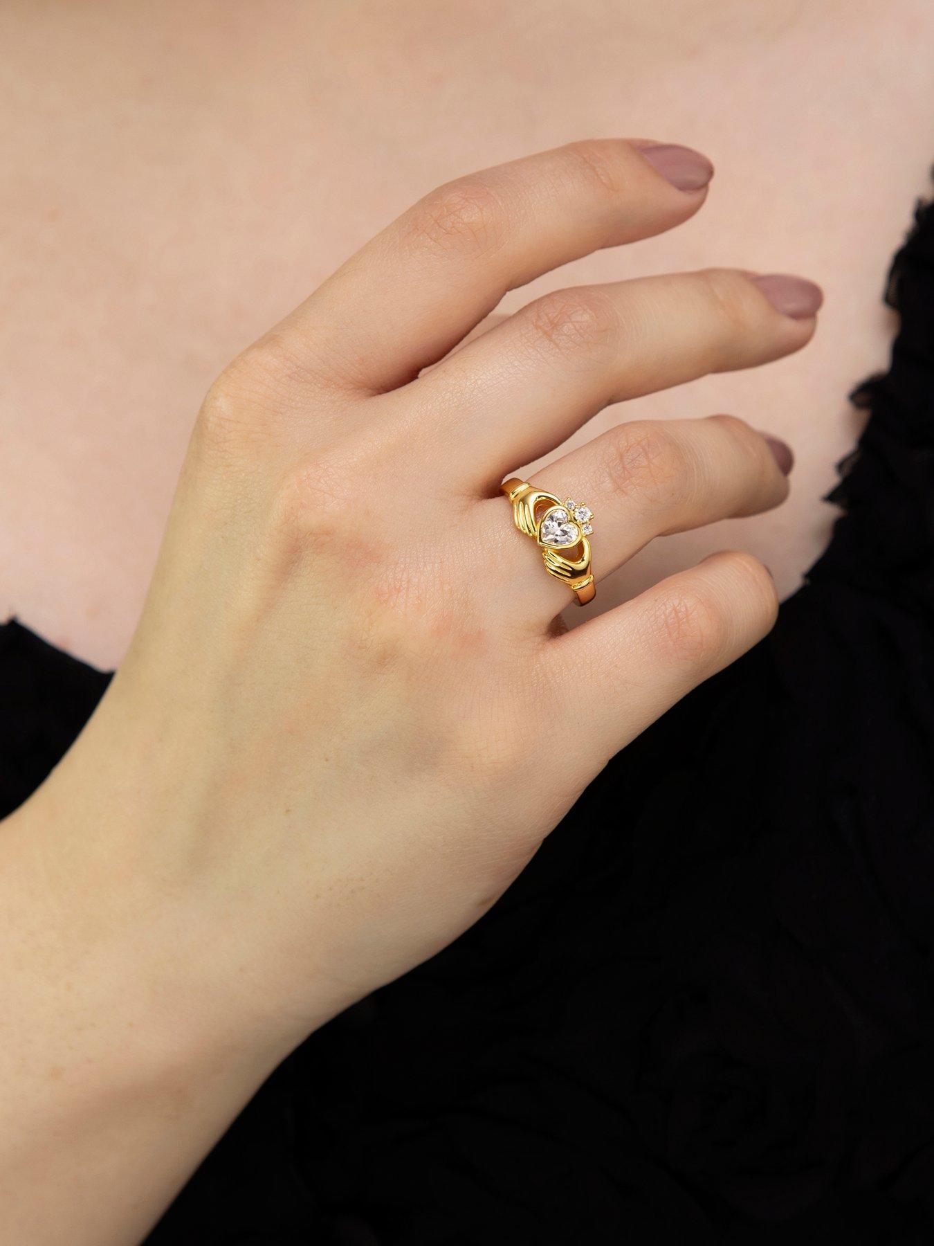 Image 1 of 6 of The Love Collection Sterling Silver Gold Plated 5mm x 5mm Heart CZ Claddagh Ring