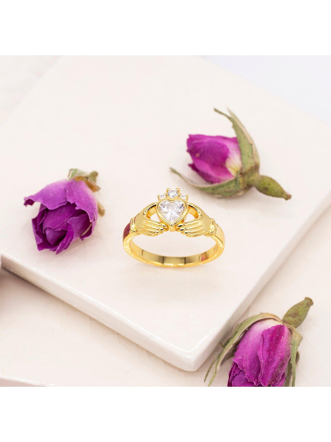 Image 5 of 6 of The Love Collection Sterling Silver Gold Plated 5mm x 5mm Heart CZ Claddagh Ring