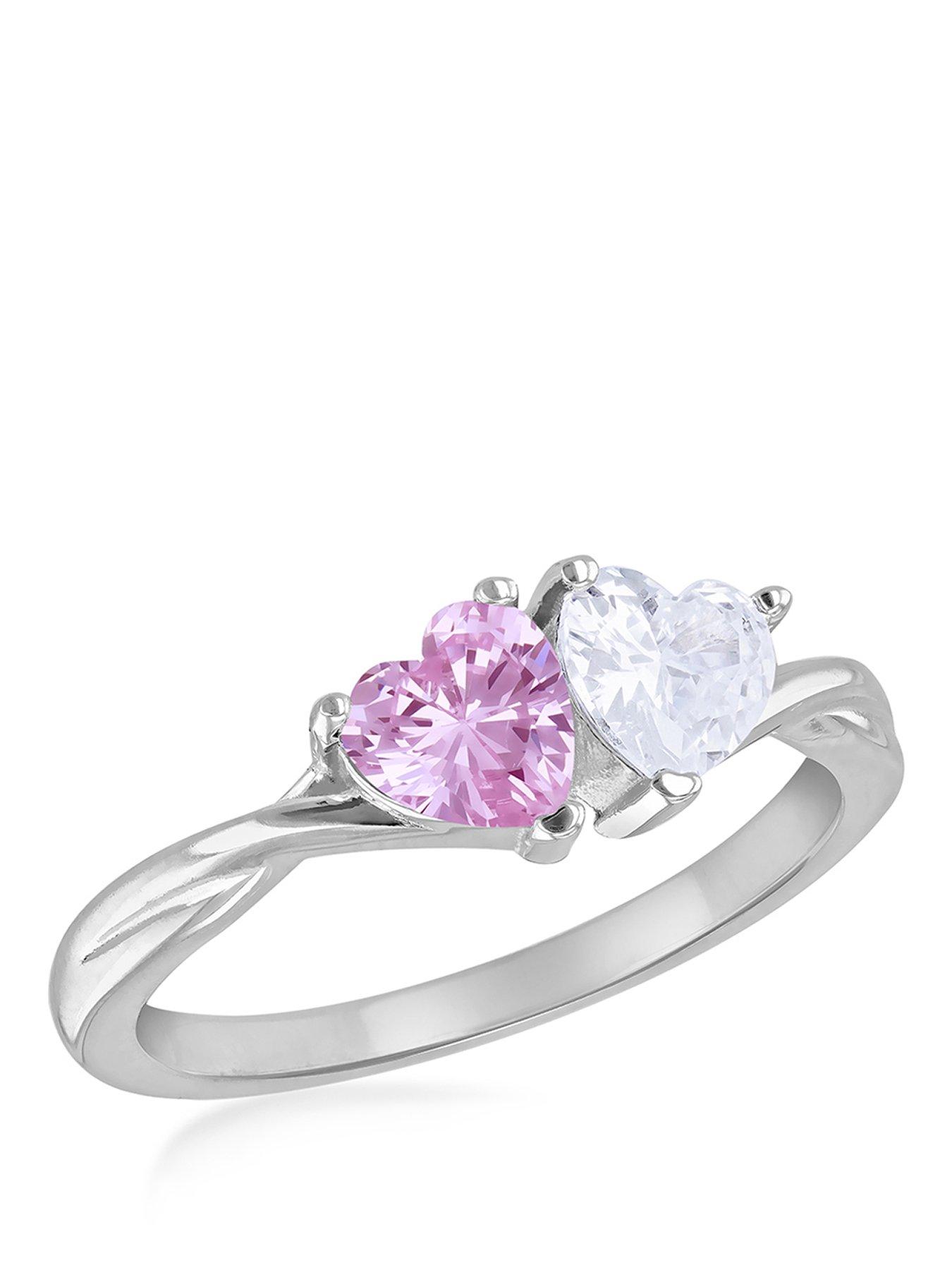 The Love Collection Sterling Silver Two 5mm White Heart and Light Pink CZ Ring