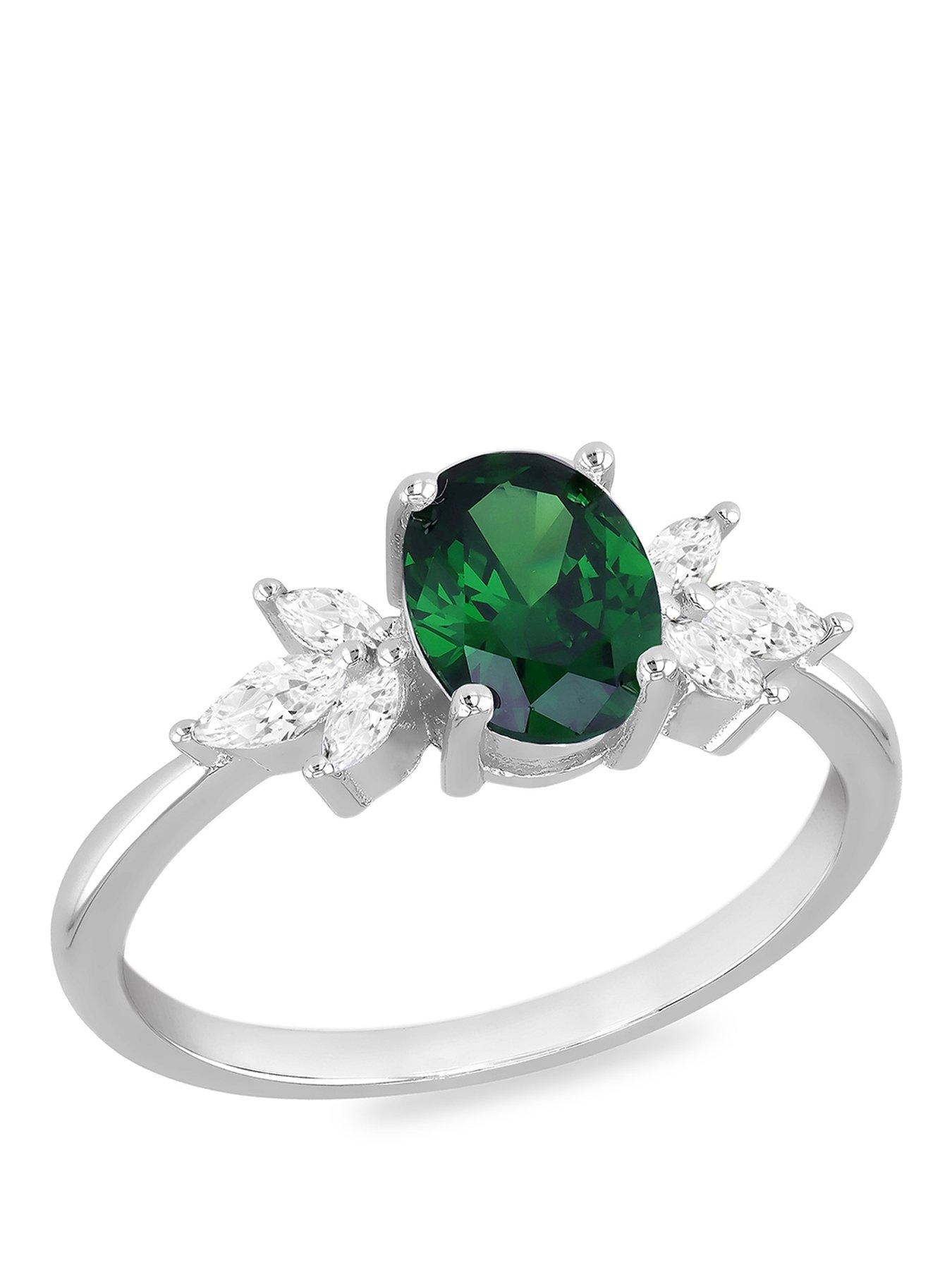 The Love Silver Collection Sterling Silver Rhodium Plated 6x8mm Green Oval CZ and White Marquise CZ Ring