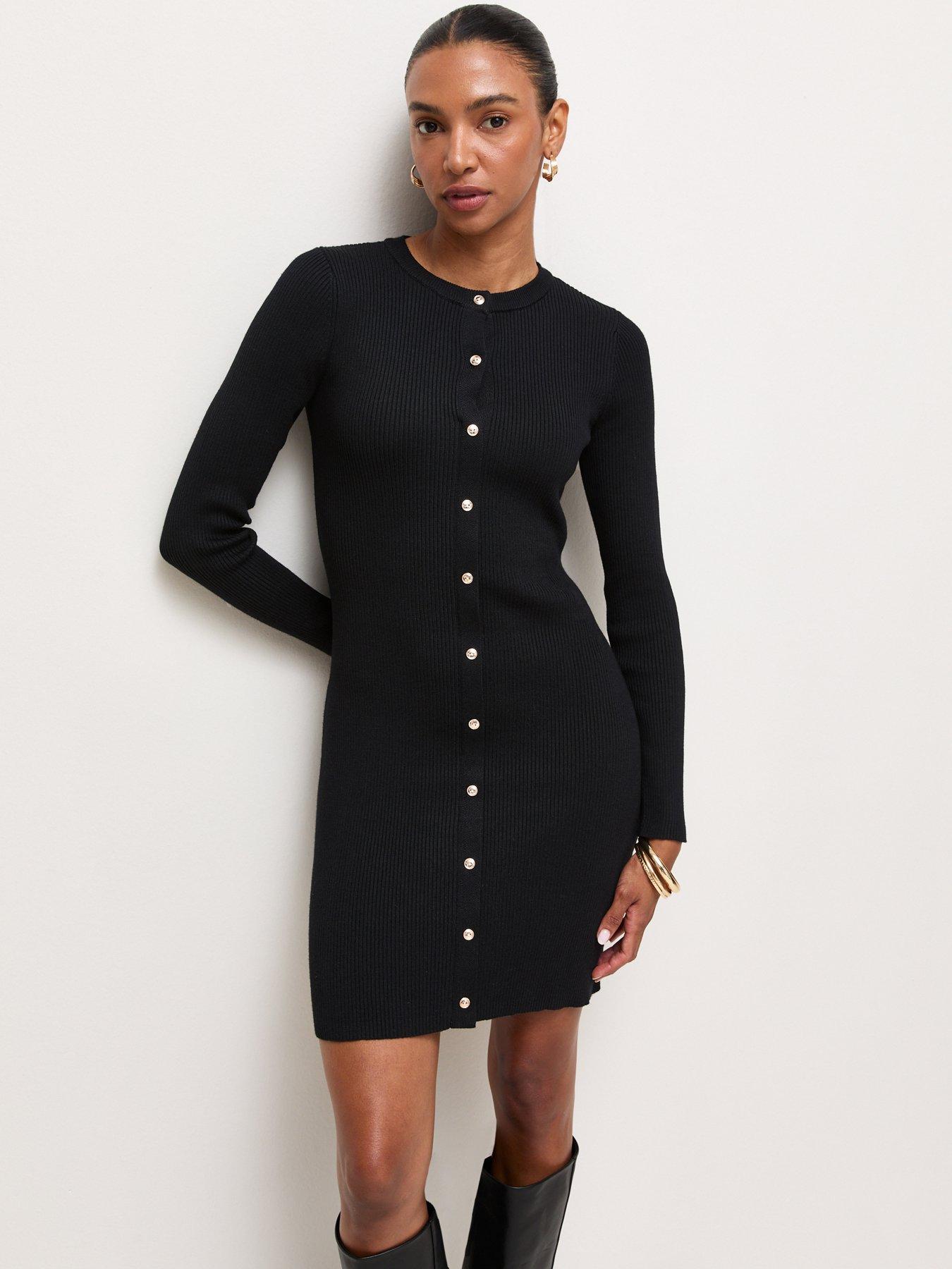 Image 1 of 5 of New Look Womens Button-Front Ribbed Lightweight Knit Mini Dress - Black