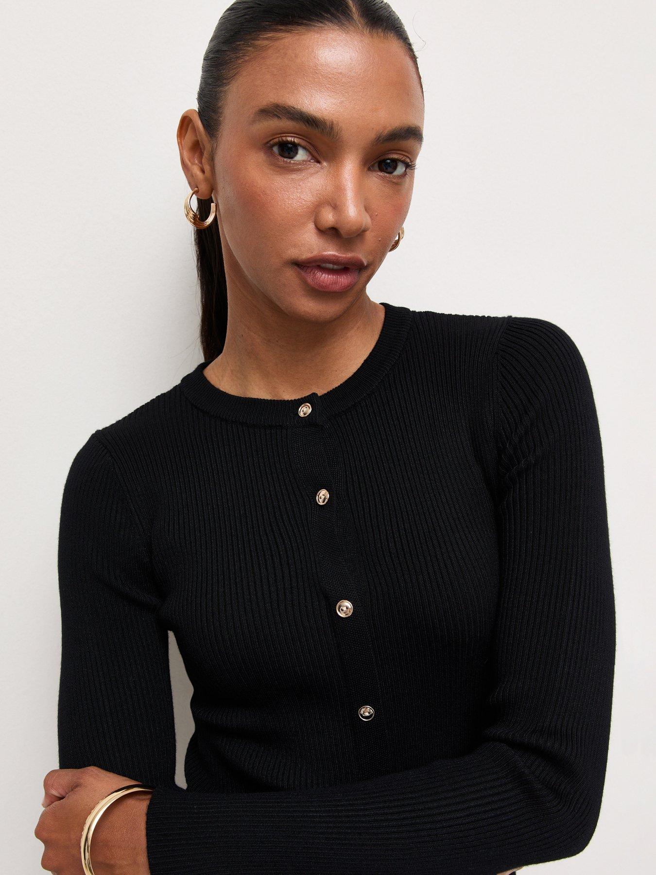 Image 4 of 5 of New Look Womens Button-Front Ribbed Lightweight Knit Mini Dress - Black
