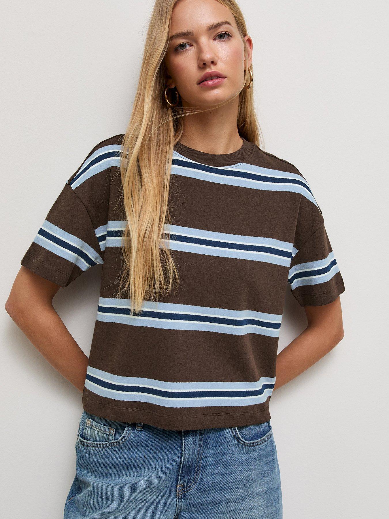 Image 1 of 3 of New Look Womens Premium Boxy Striped T-Shirt - Brown