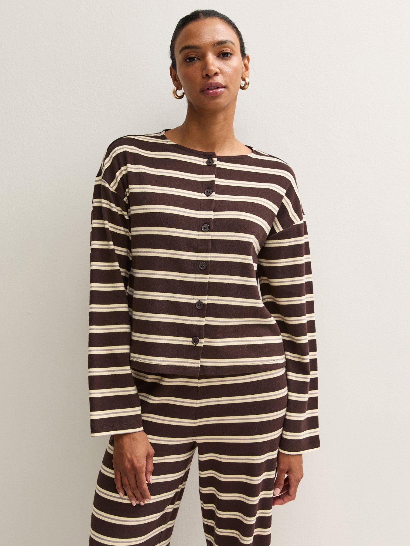 Image 1 of 5 of New Look Womens Cotton-Rich Button-Through Striped Long Sleeve T-Shirt - Brown