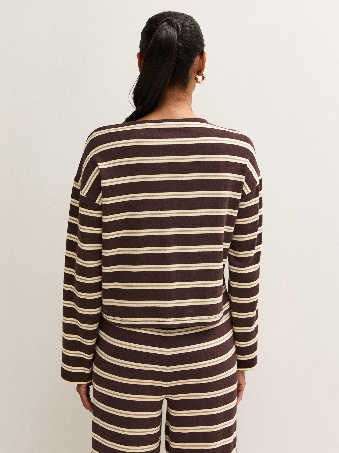 Image 2 of 5 of New Look Womens Cotton-Rich Button-Through Striped Long Sleeve T-Shirt - Brown