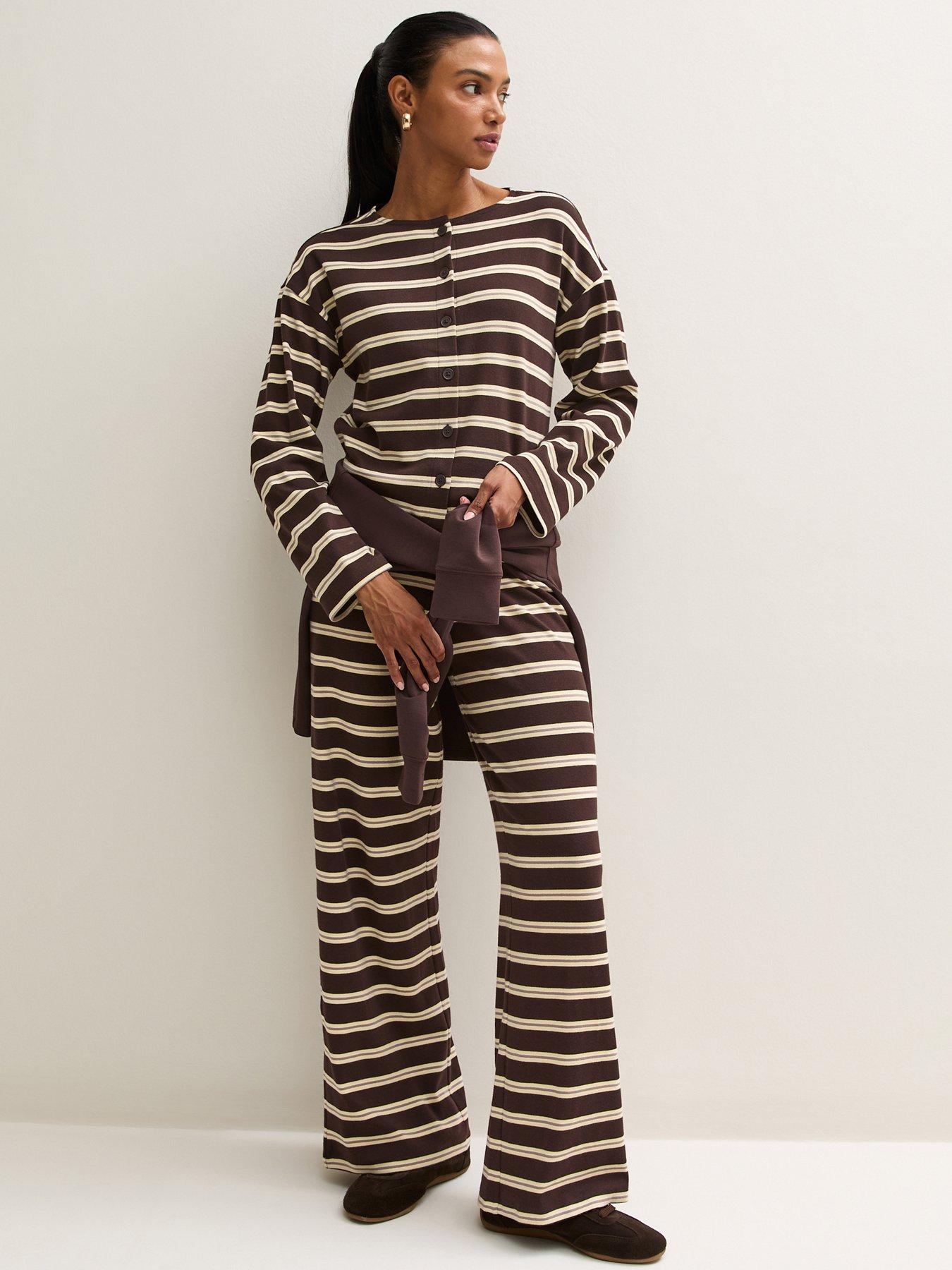 Image 3 of 5 of New Look Womens Cotton-Rich Button-Through Striped Long Sleeve T-Shirt - Brown