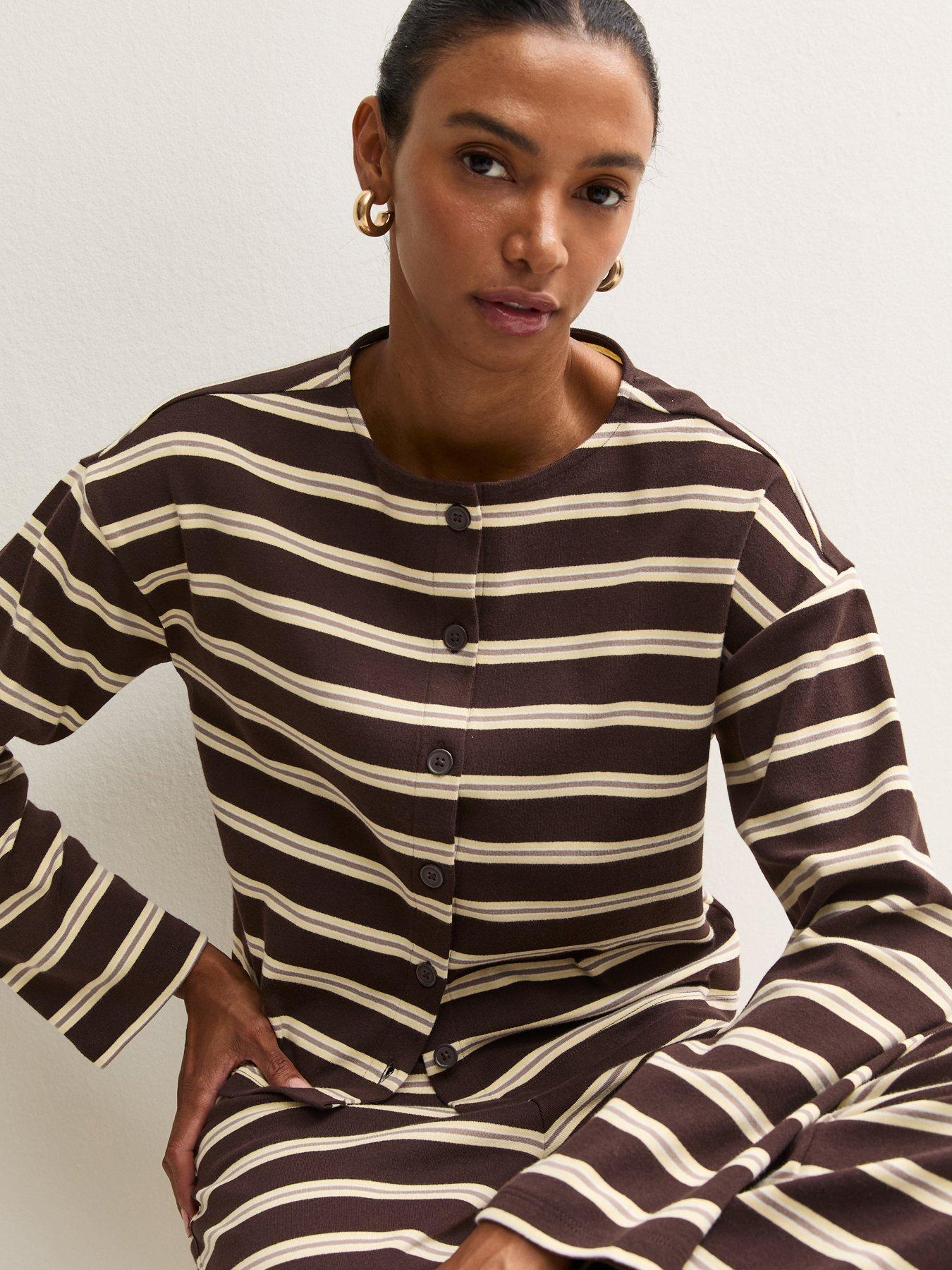 Image 4 of 5 of New Look Womens Cotton-Rich Button-Through Striped Long Sleeve T-Shirt - Brown