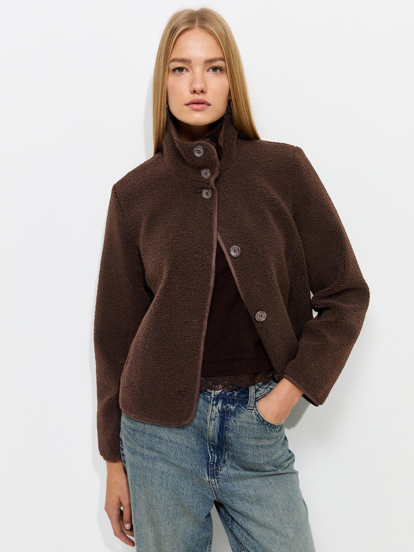 Image 1 of 6 of New Look Borg Textured Funnel Neck Buttoned Jacket - Brown