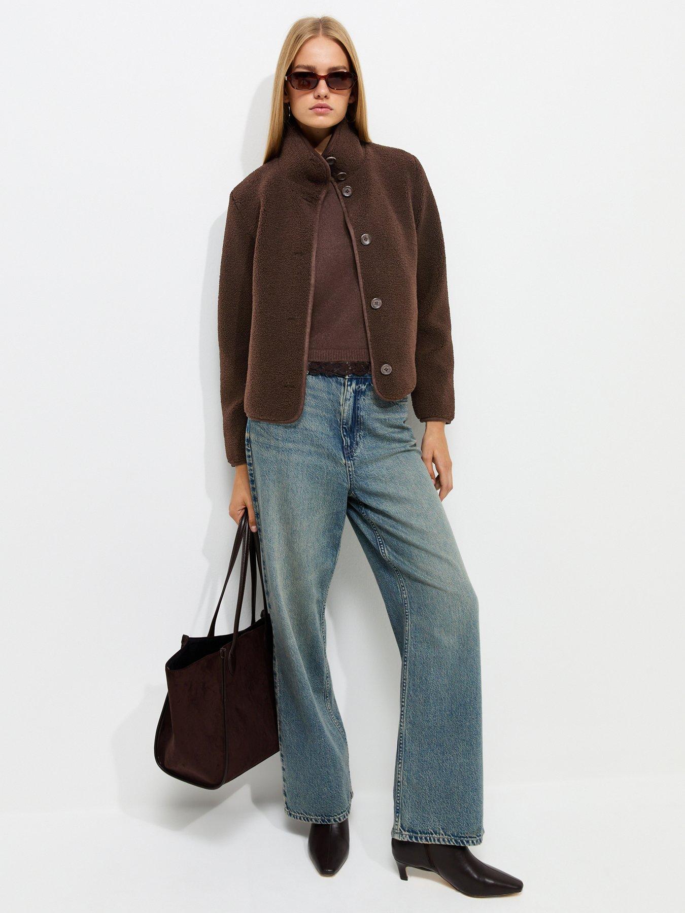 Image 3 of 6 of New Look Borg Textured Funnel Neck Buttoned Jacket - Brown