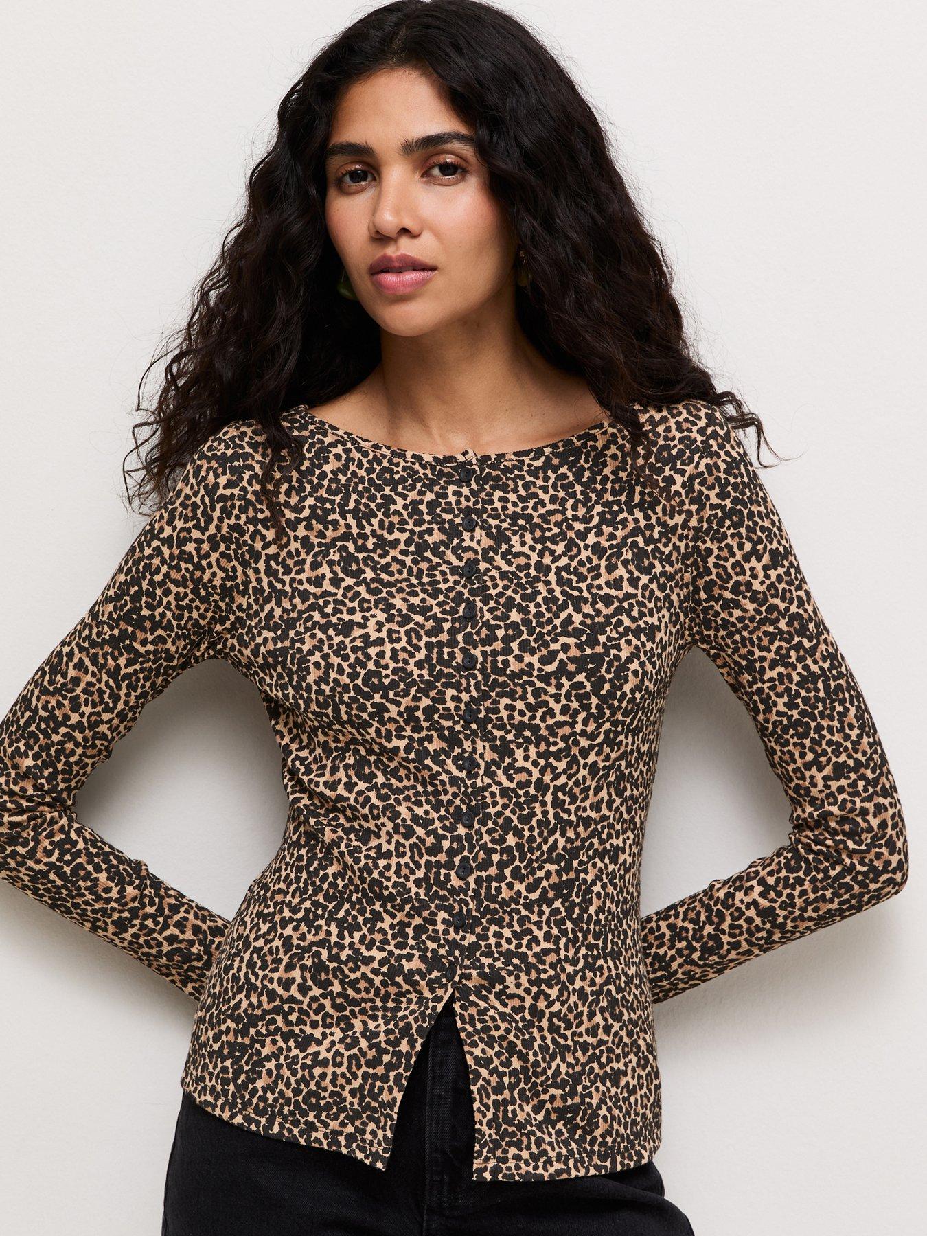 Image 1 of 6 of New Look Animal Print Button Through Long Sleeve Top - Brown