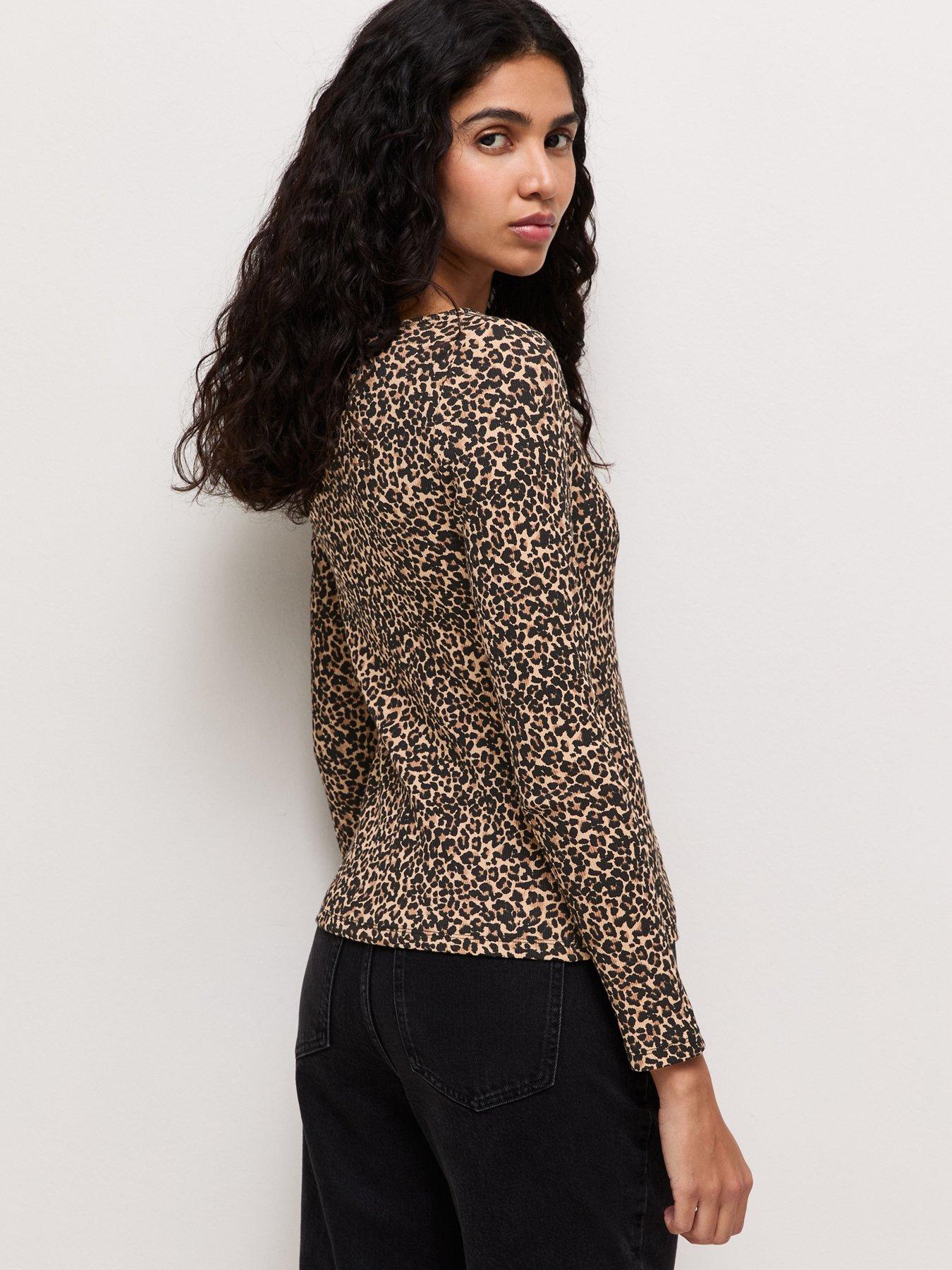 Image 2 of 6 of New Look Animal Print Button Through Long Sleeve Top - Brown