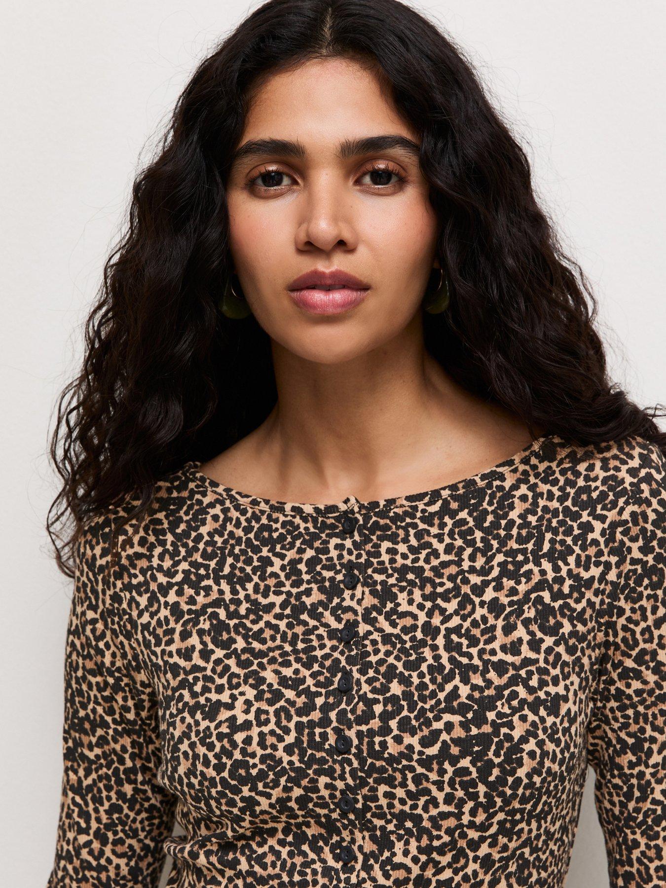 Image 4 of 6 of New Look Animal Print Button Through Long Sleeve Top - Brown