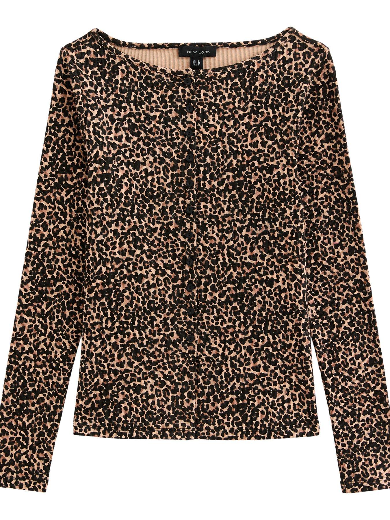 Image 5 of 6 of New Look Animal Print Button Through Long Sleeve Top - Brown