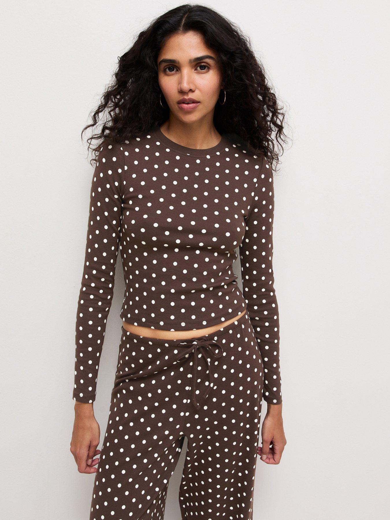 Image 1 of 6 of New Look Brown Cotton Rich Polka Dot Long Sleeve Co-ord Baby Tee