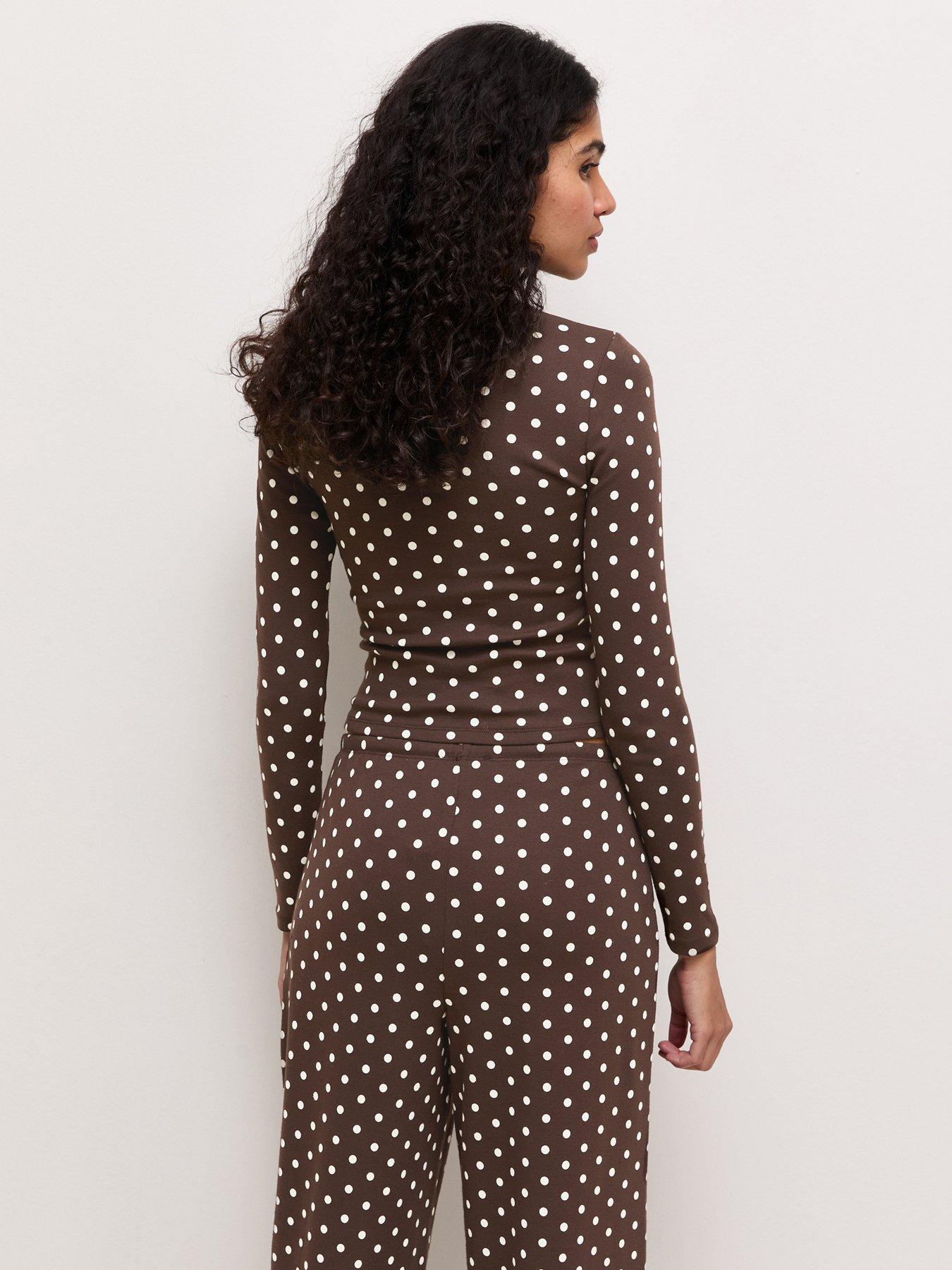 Image 2 of 6 of New Look Brown Cotton Rich Polka Dot Long Sleeve Co-ord Baby Tee