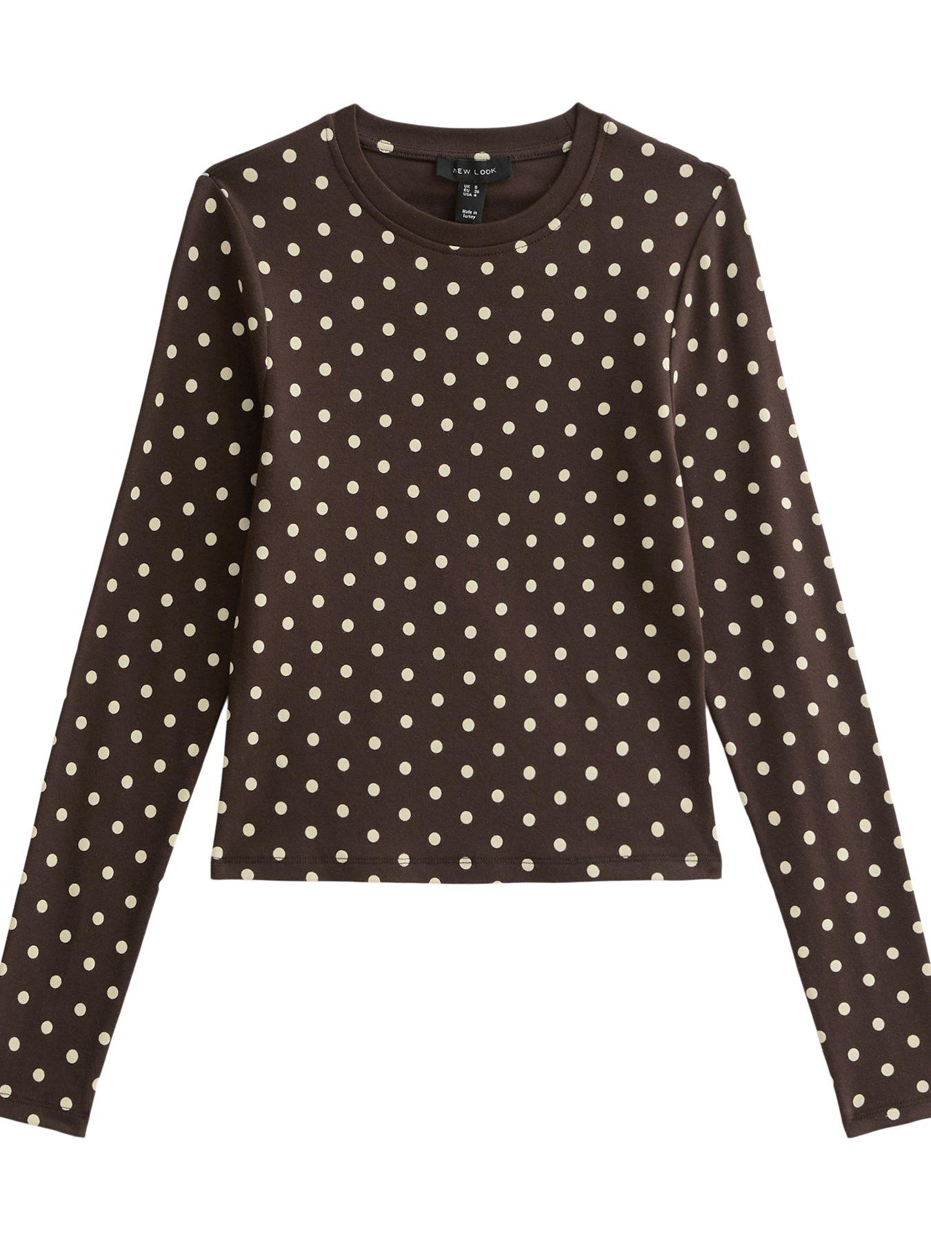 Image 5 of 6 of New Look Brown Cotton Rich Polka Dot Long Sleeve Co-ord Baby Tee