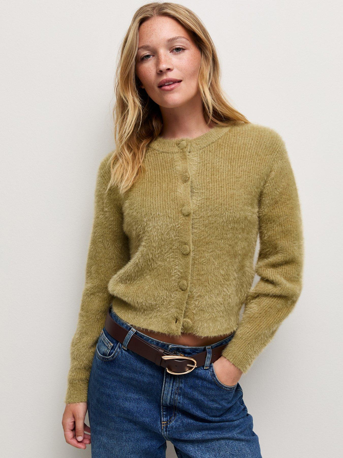 Image 1 of 5 of New Look Covered Button Crew Neck Cardigan - Green