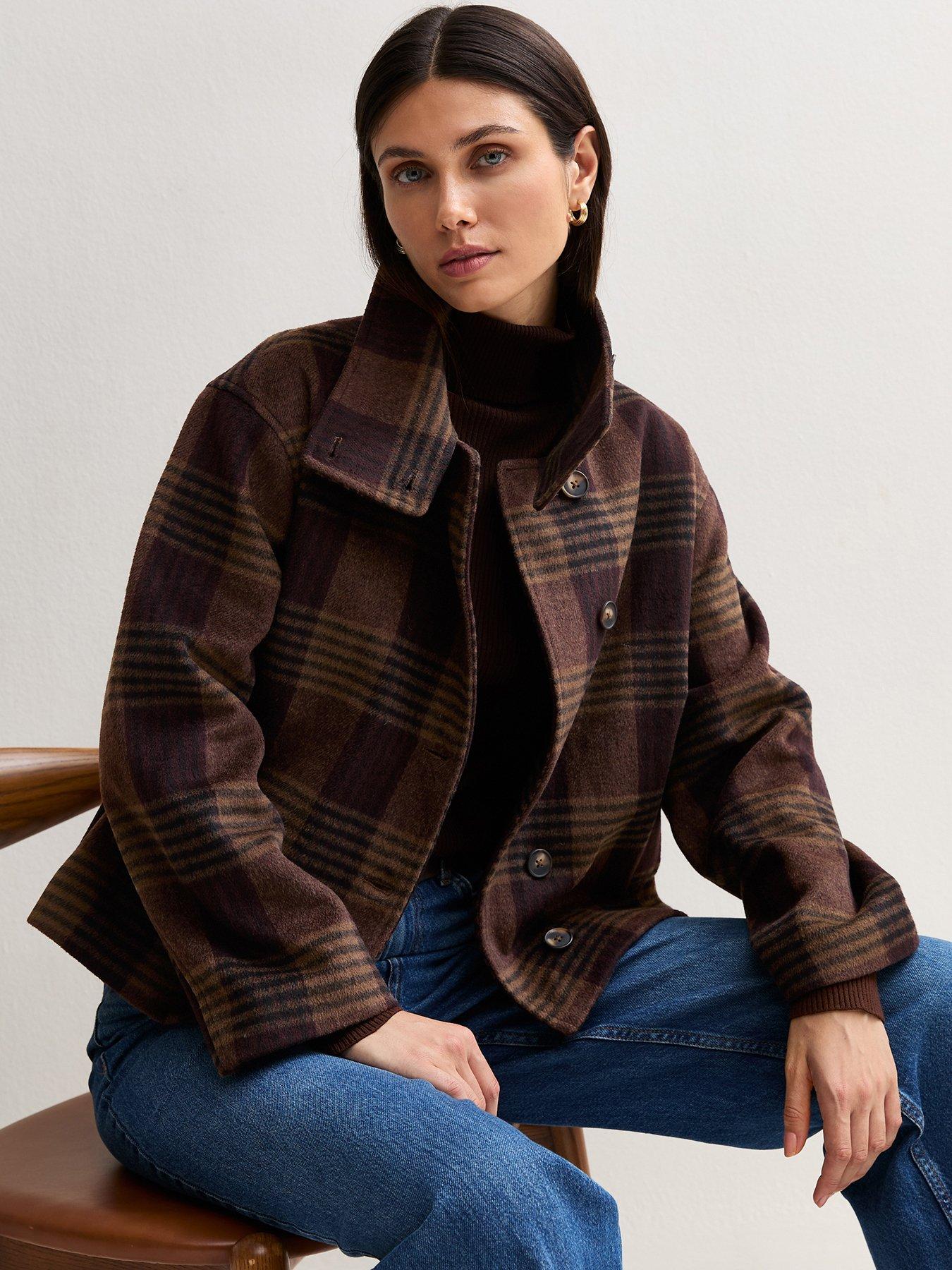 Image 1 of 3 of New Look Womens Surrey Funnel Neck Check Jacket - Brown
