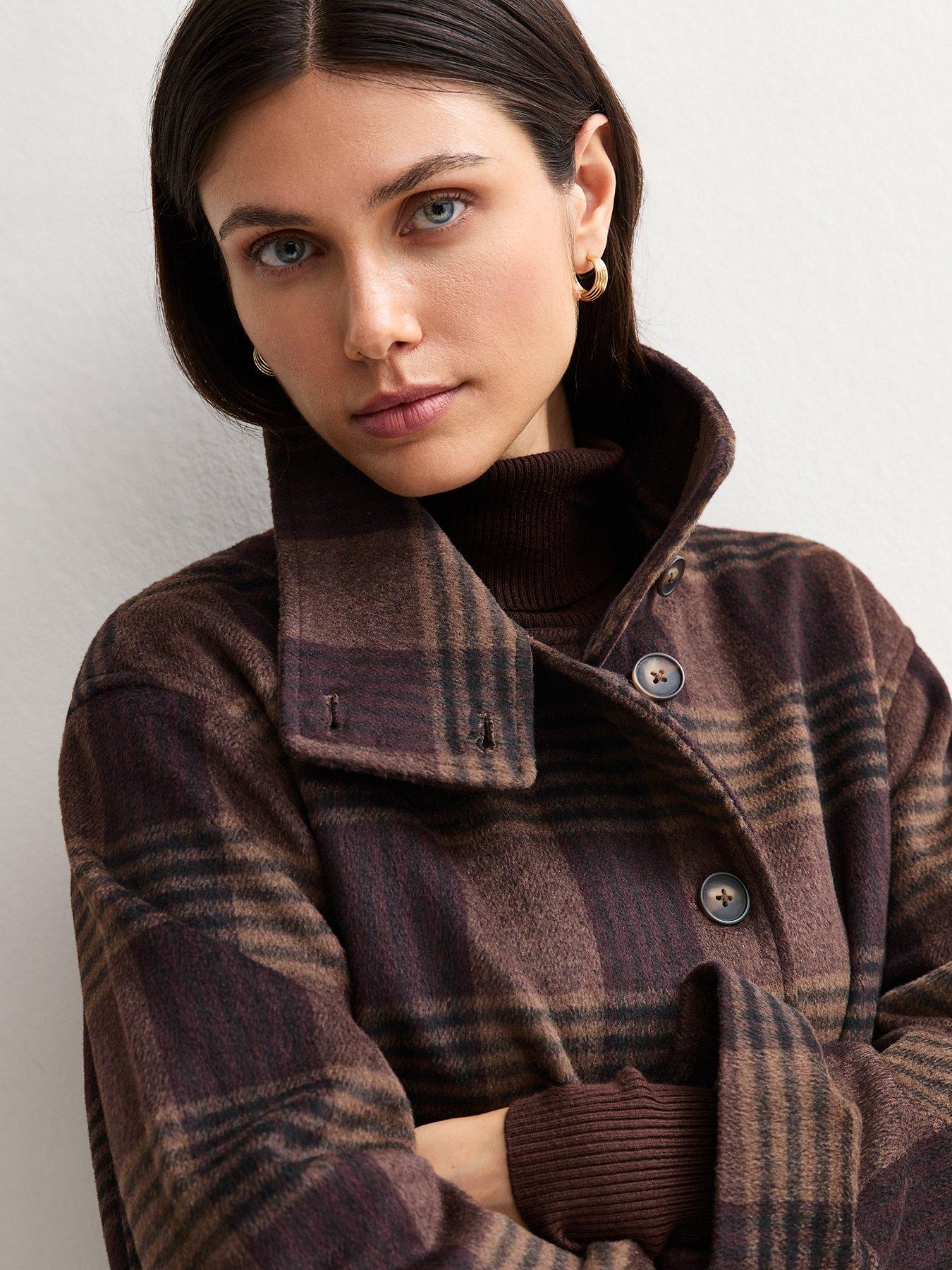 Image 2 of 3 of New Look Womens Surrey Funnel Neck Check Jacket - Brown