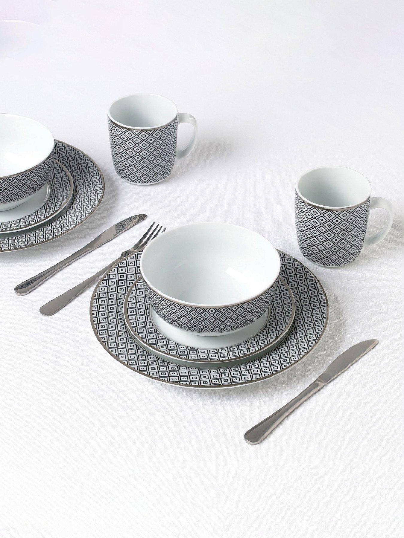 WATERSIDE 16pc Black Geo With Silver Rim Dinner Set