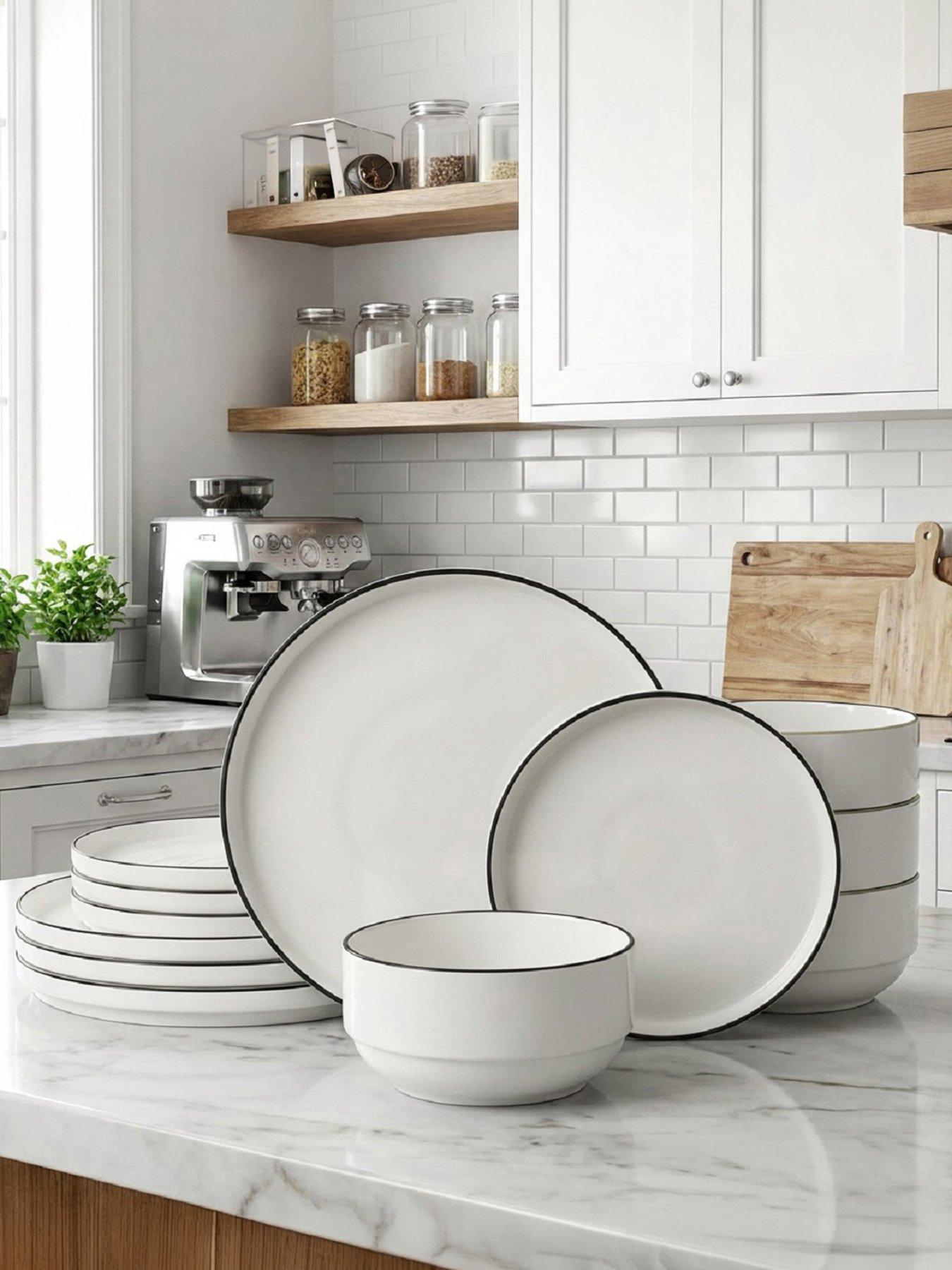 WATERSIDE 12pc Black Rim Stacking Dinner Set