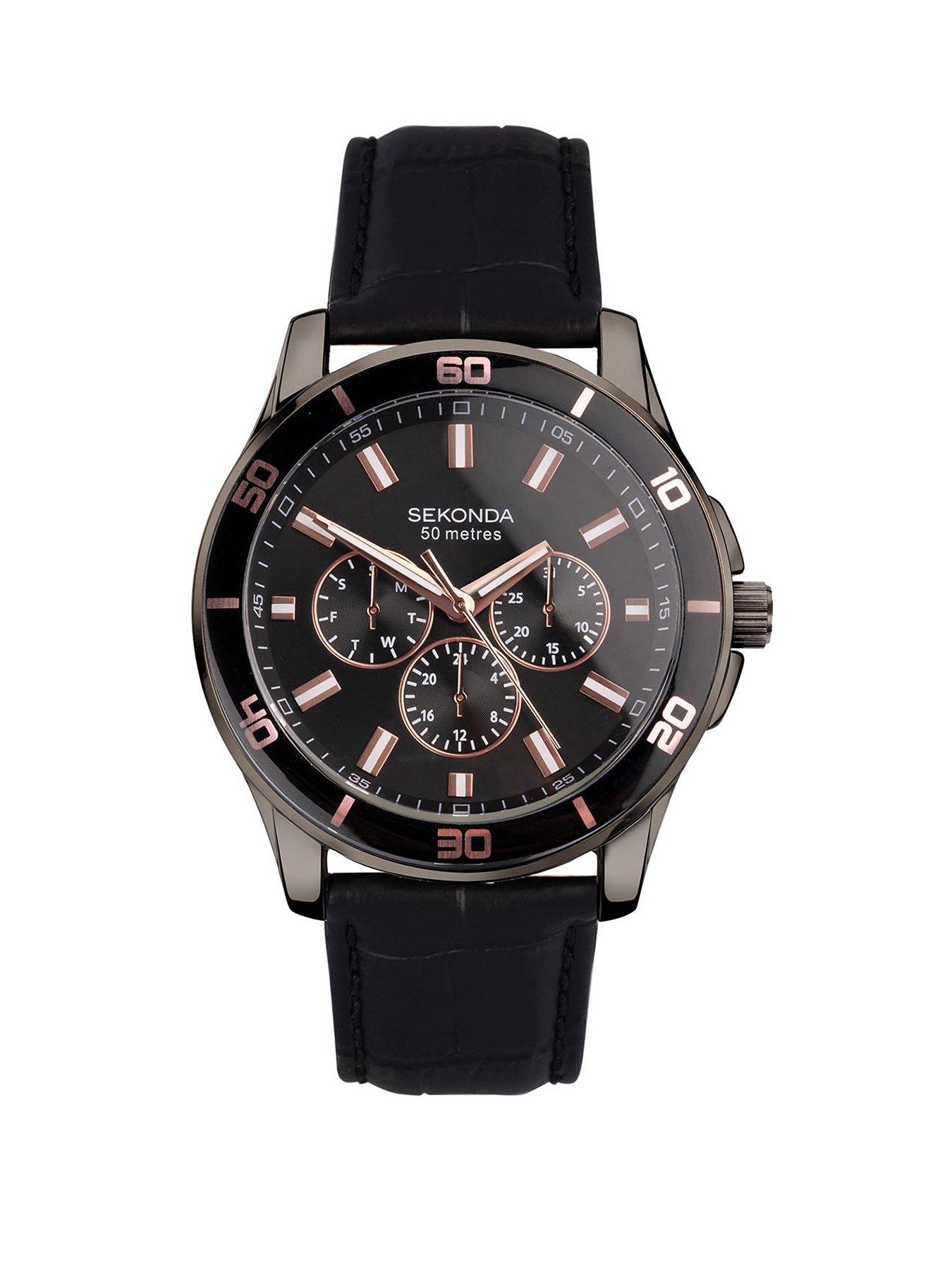 Sekonda Mens Midnight Black Leather Strap with Multifunction Black Sunray Dial Analogue Watch