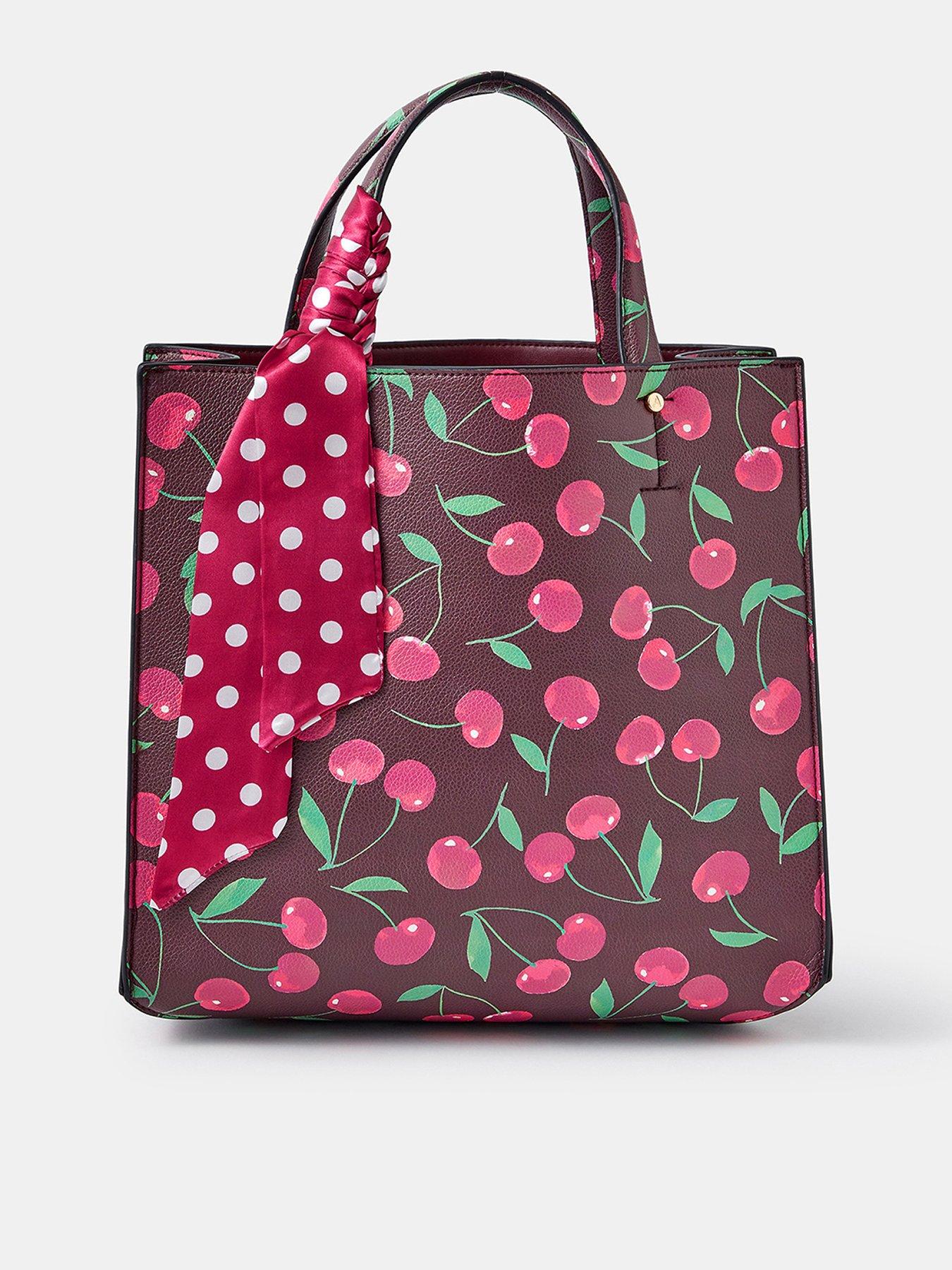Image 1 of 4 of Accessorize Cherry Print Structured Handheld Tote Bag with Scarf Charm - Red