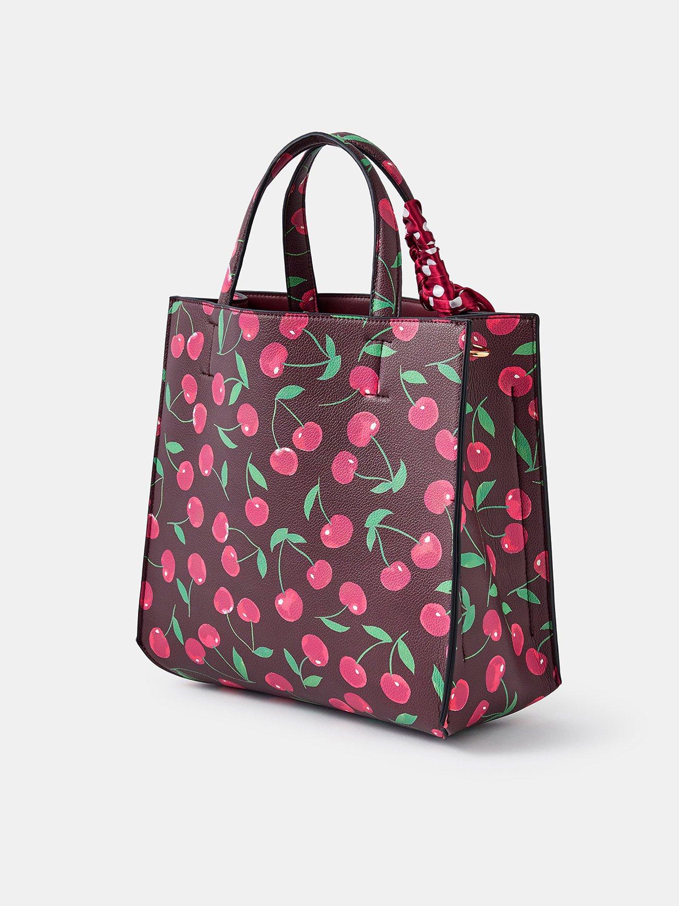 Image 2 of 4 of Accessorize Cherry Print Structured Handheld Tote Bag with Scarf Charm - Red