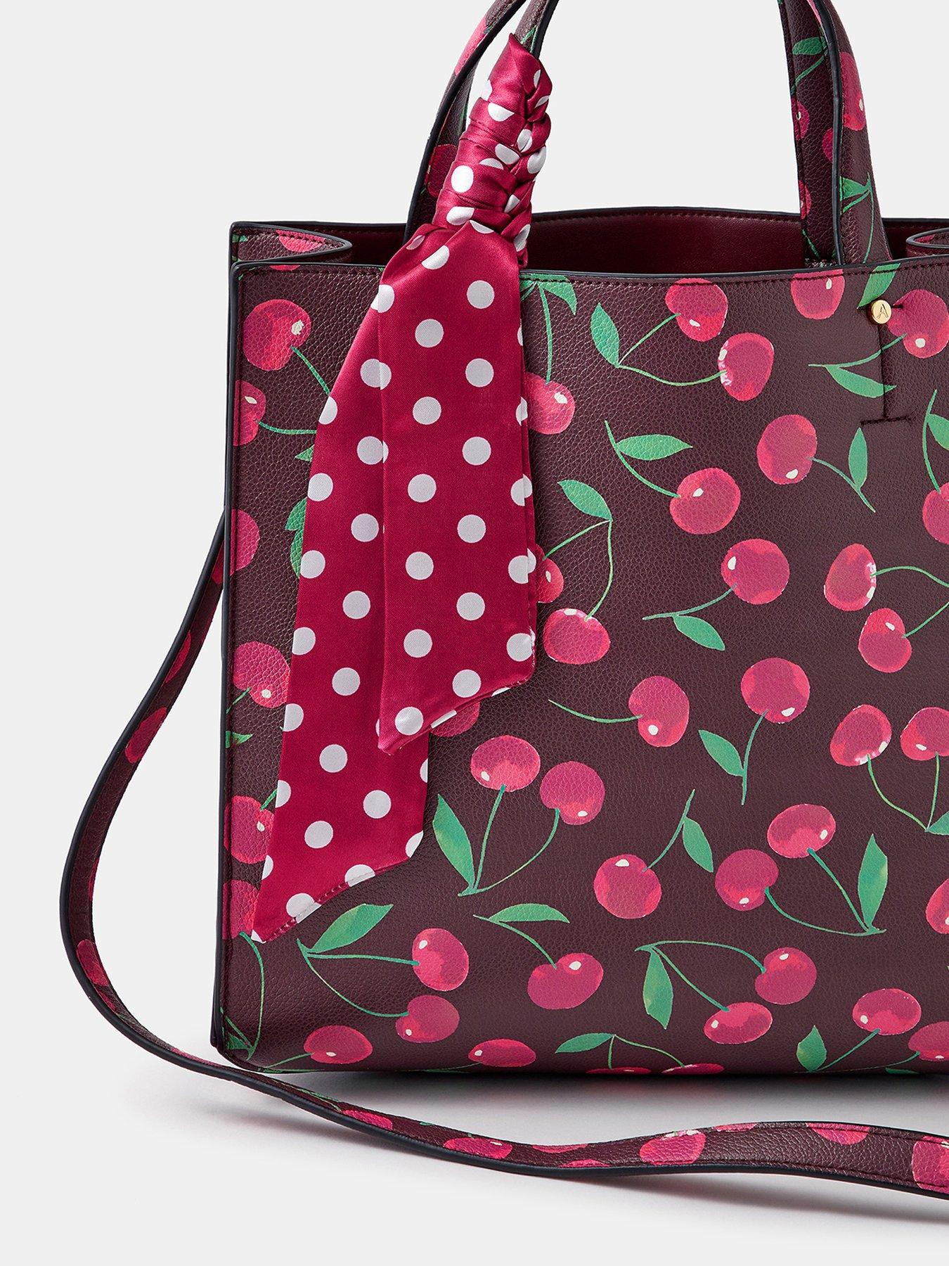 Image 3 of 4 of Accessorize Cherry Print Structured Handheld Tote Bag with Scarf Charm - Red