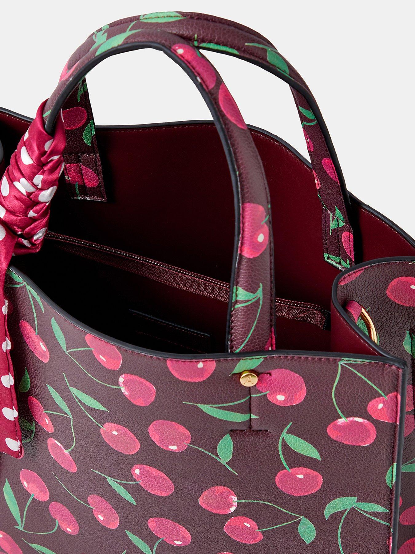Image 4 of 4 of Accessorize Cherry Print Structured Handheld Tote Bag with Scarf Charm - Red