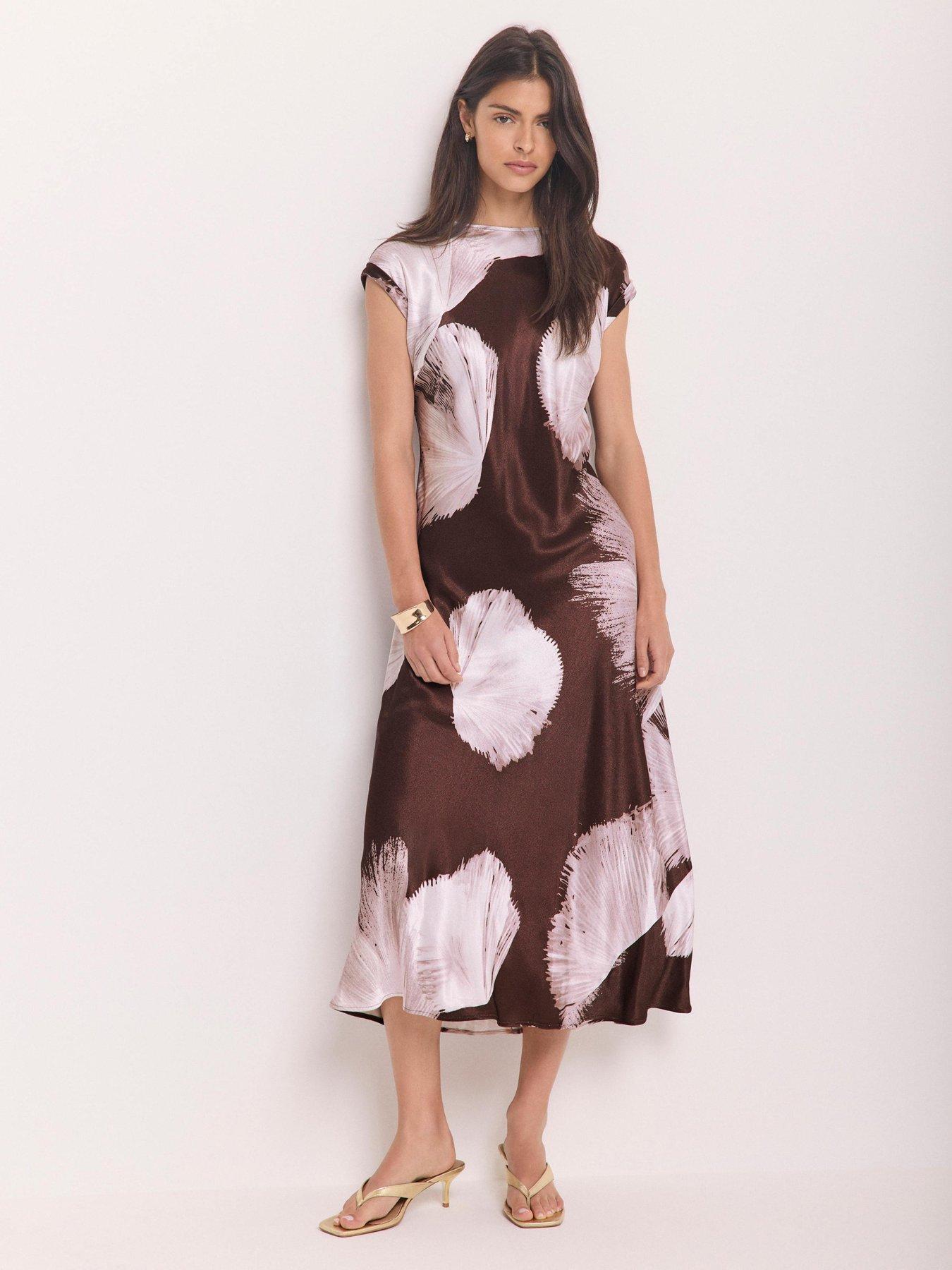 Mint Velvet Satin Abstract Print Midi Dress - Brown