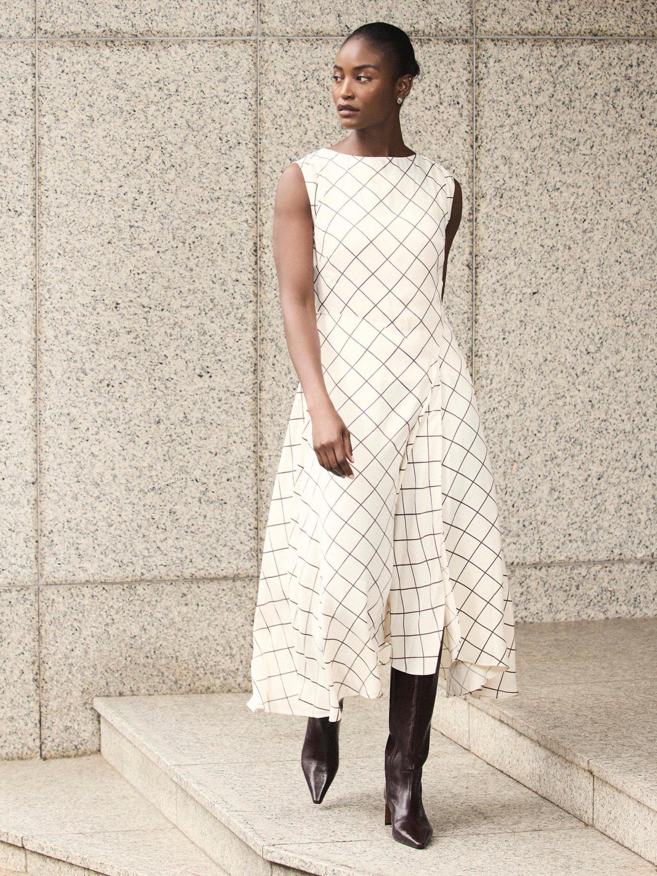 Mint Velvet Check Asymmetric Midi Dress - Cream