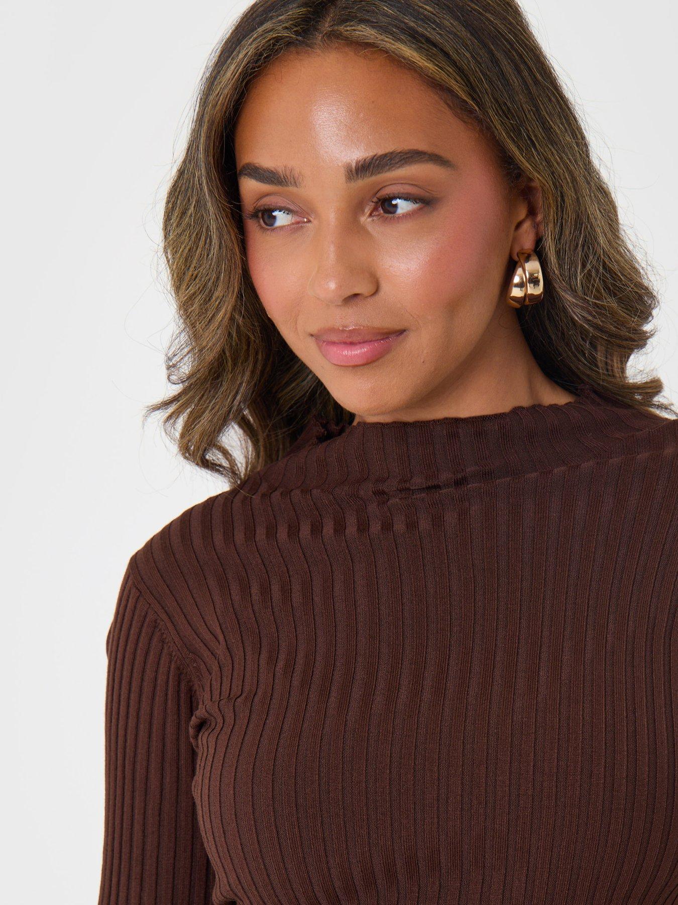 Image 4 of 4 of Threadbare Ribbed High Neck Jumper In Chocolate Brown