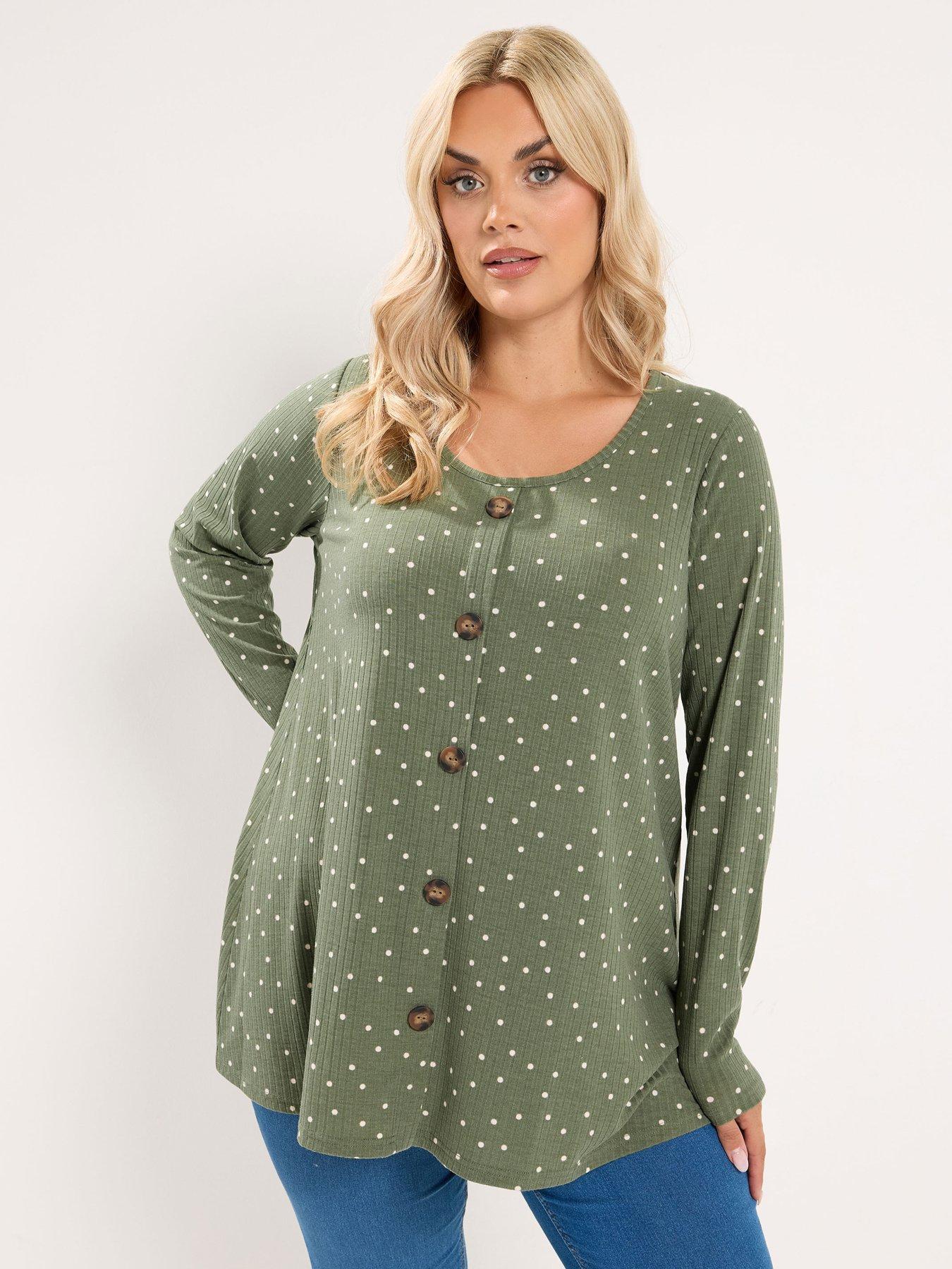 Yours Curve Polka Dot Ribbed Button Top - Green