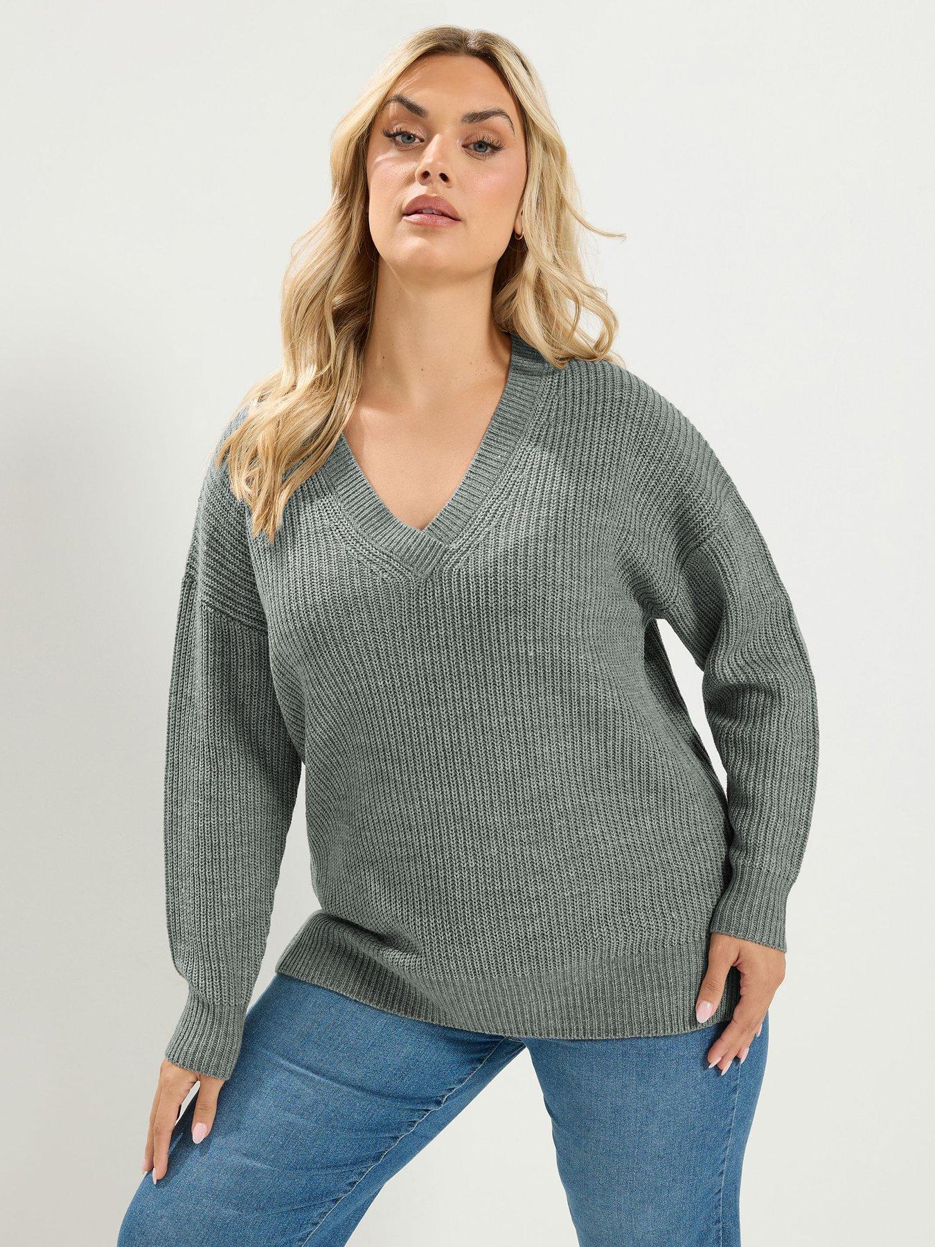 Yours Curve Essential V-Neck Jumper - Grey