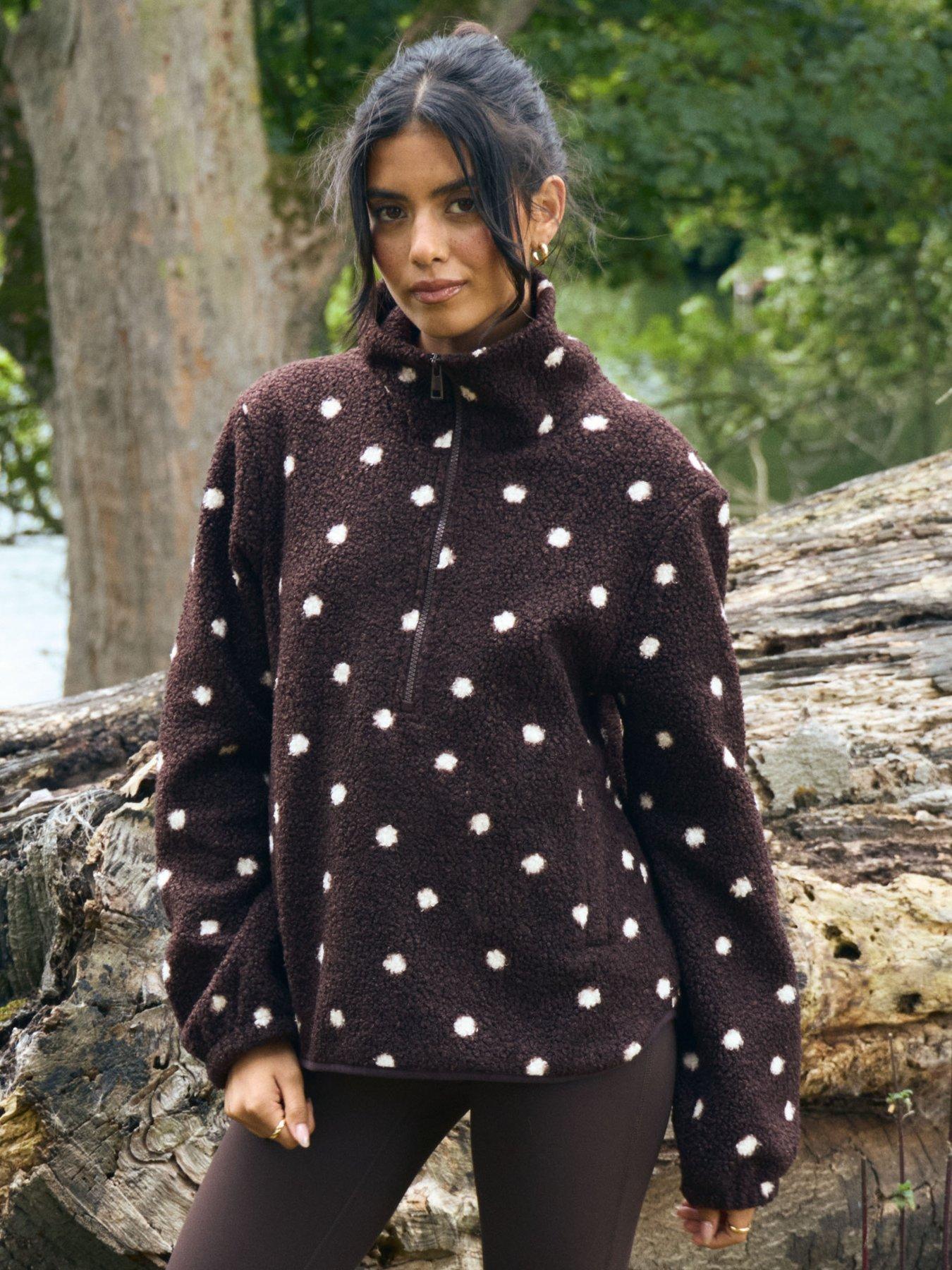 Image 1 of 6 of Threadbare Quarter Zip Fleece In Chocolate Brown Polka Dot