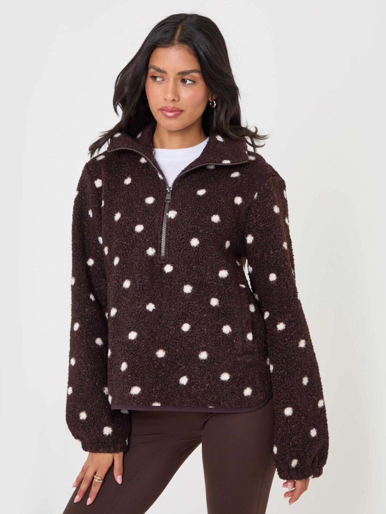 Image 5 of 6 of Threadbare Quarter Zip Fleece In Chocolate Brown Polka Dot