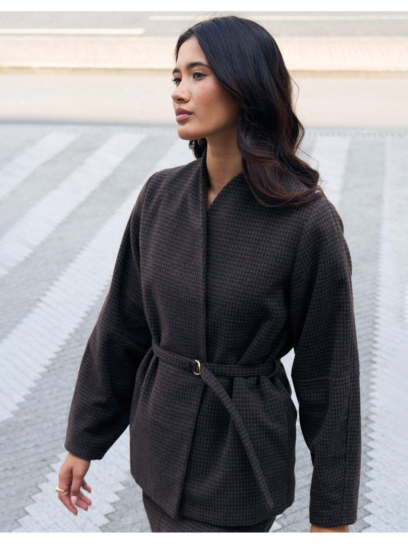 Image 4 of 4 of Threadbare Faux Wool Cocoon Blazer In Brown Check