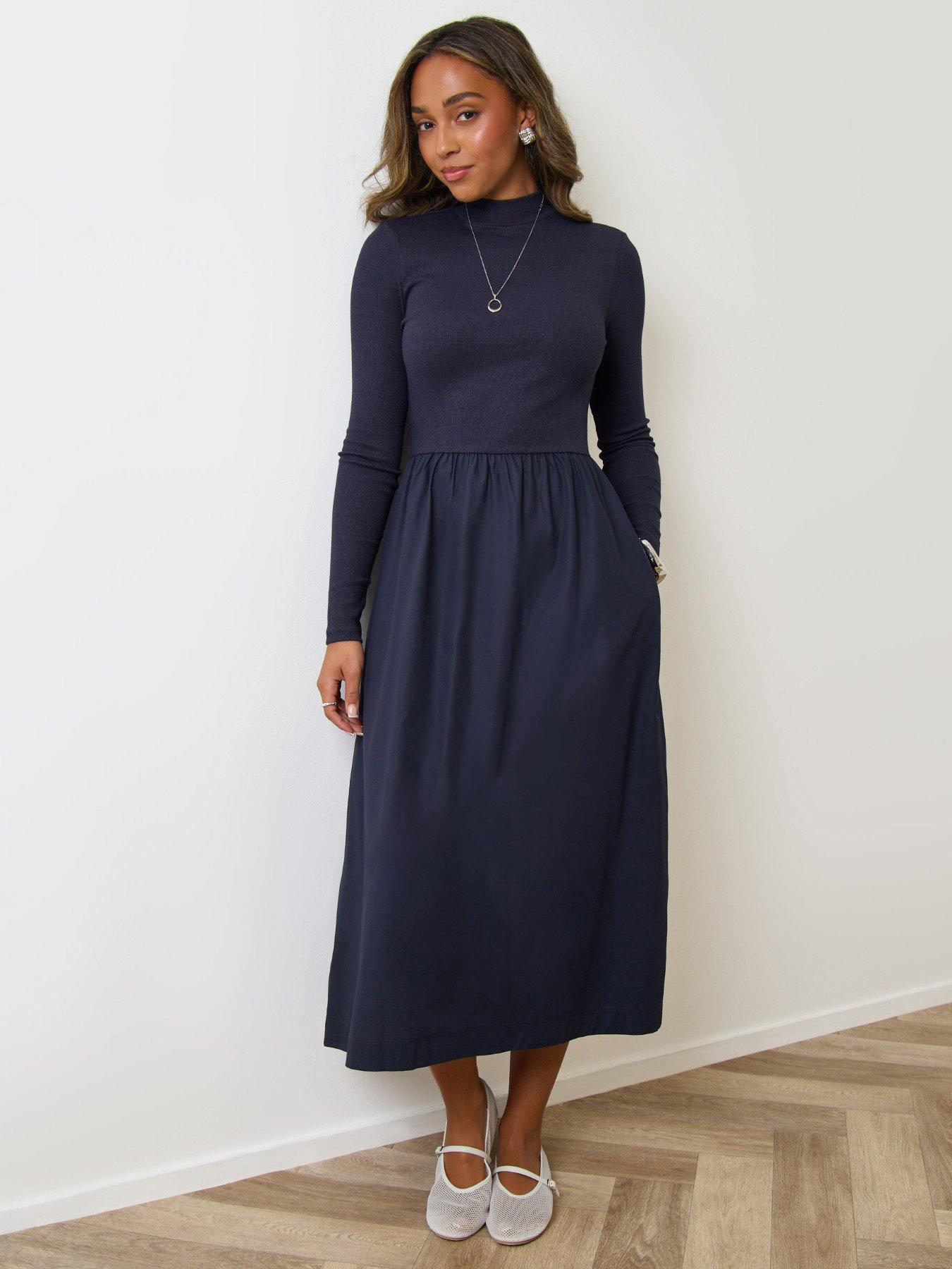 Image 1 of 4 of Threadbare 2 In 1 High Neck Midaxi Dress In Navy