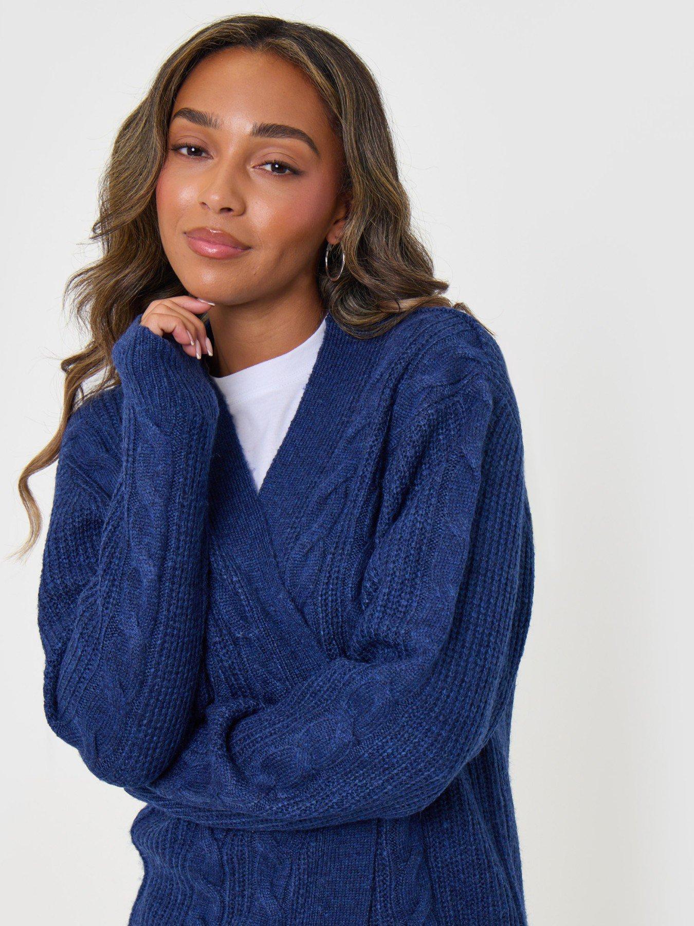 Image 4 of 4 of Threadbare Cable Knit Open Cardigan In Navy