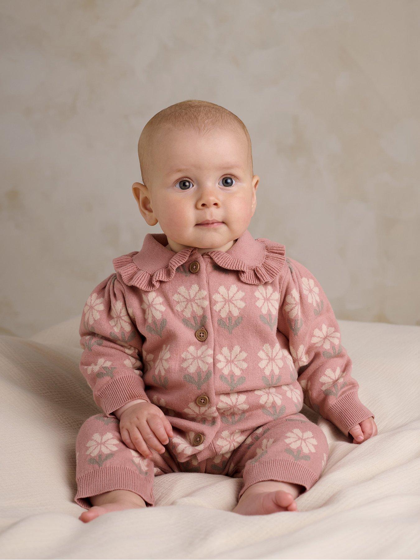Image 1 of 6 of Mamas & Papas Baby Girls Floral Knitted Romper - Pink