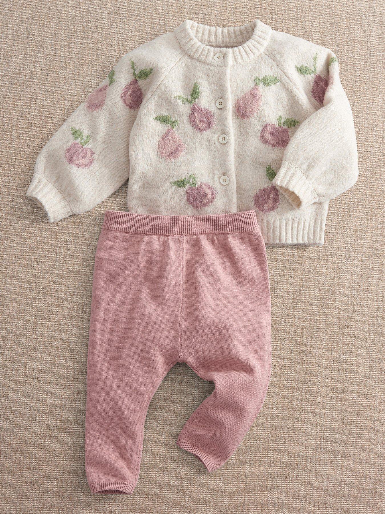 Mamas & Papas Baby Girls 2 Piece Floral Knitted Cardigan  &  Leggings Set - Pink