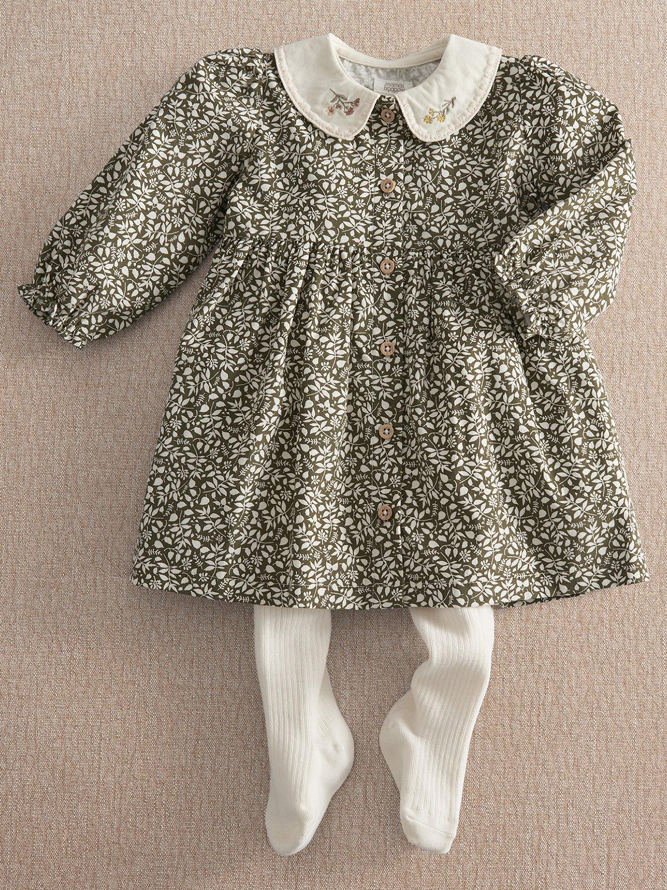 Mamas & Papas Baby Girls Leaf Print Dress  &  Tights Set - Green
