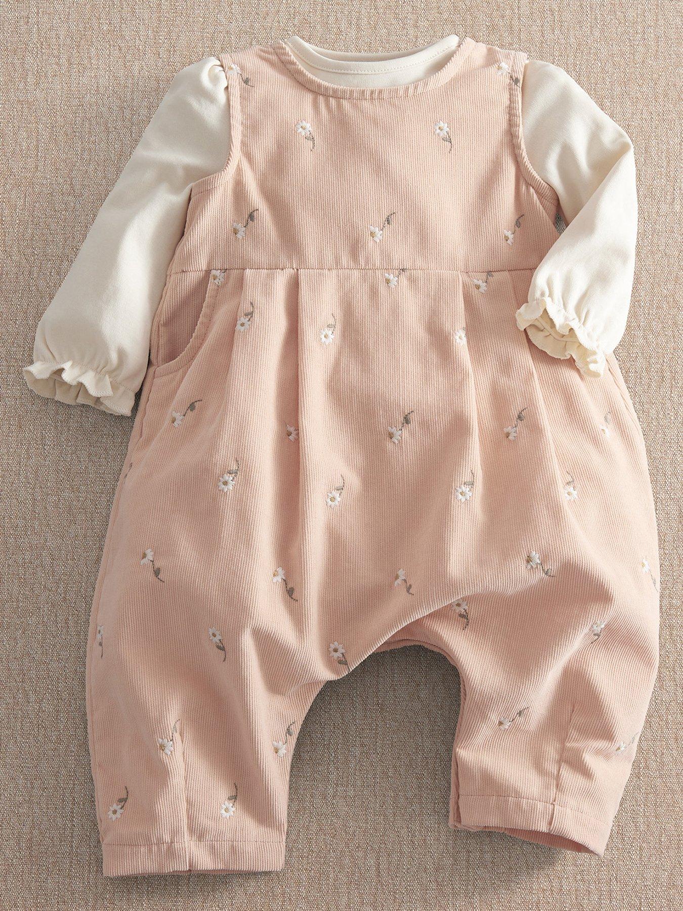 Mamas & Papas Baby Girls 2 Piece Daisy Embroidered Cord Romper  &  Bodysuit Set - Pink