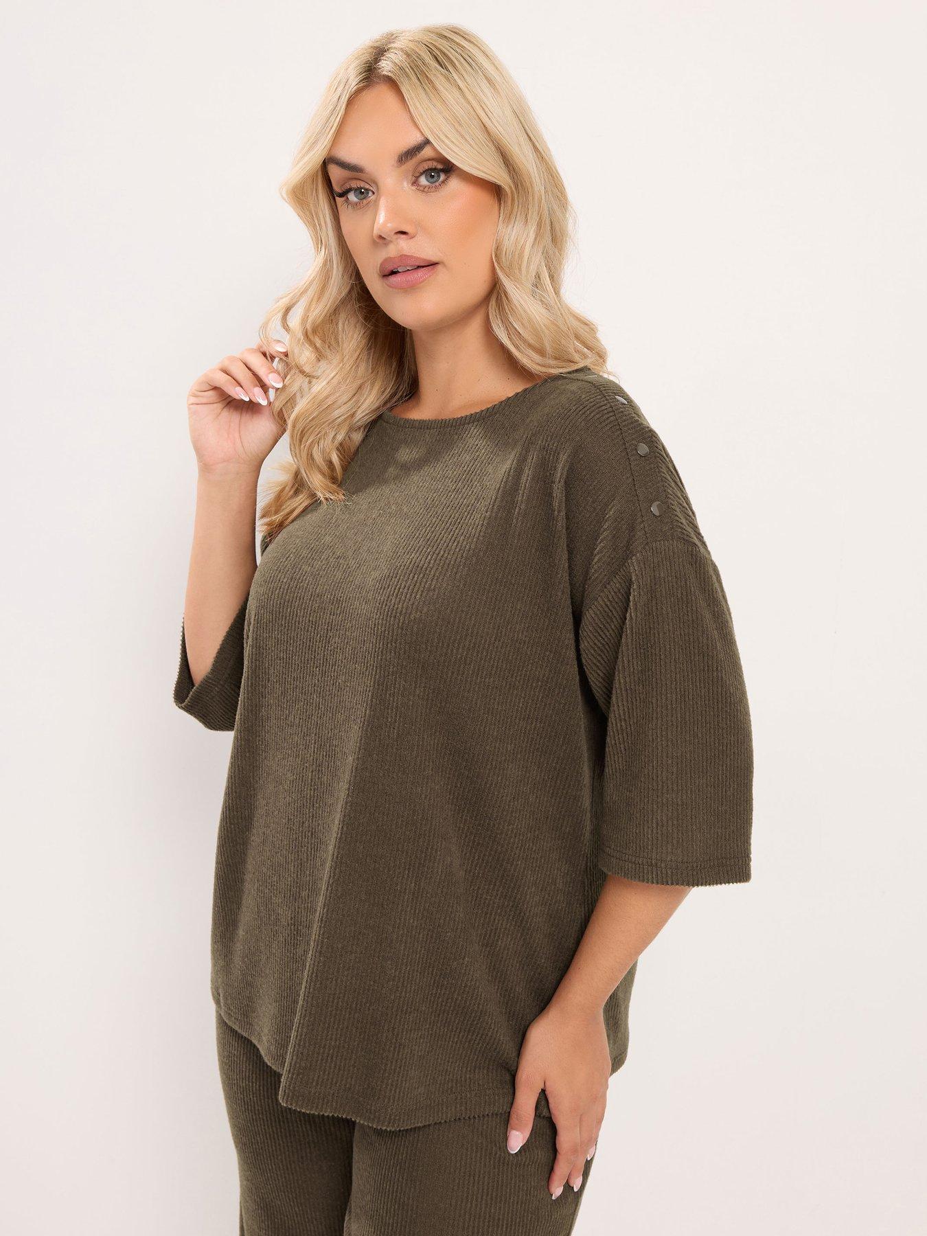 Yours Curve Ribbed Button Top - Brown
