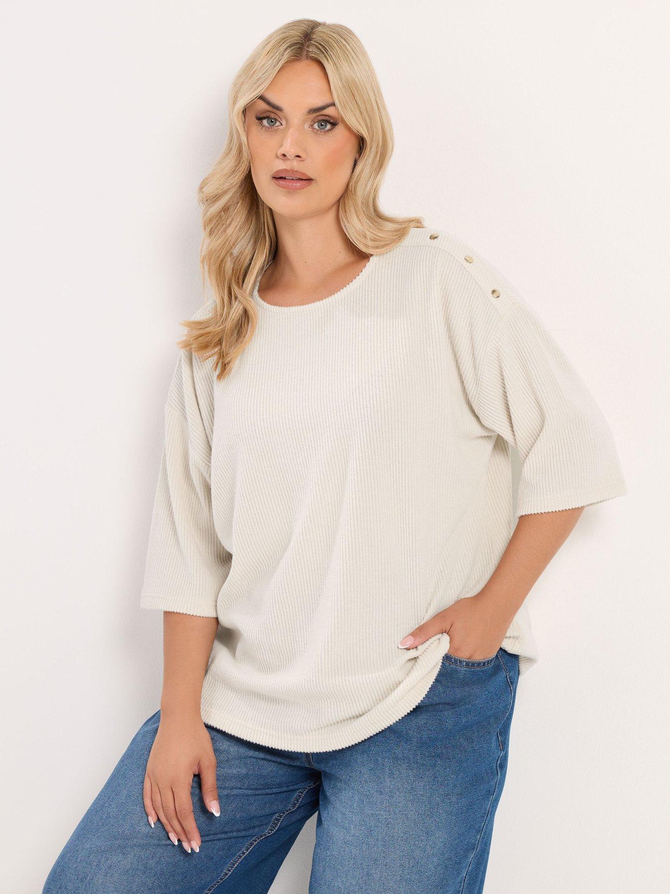 Yours Curve Ribbed Button Top - Cream