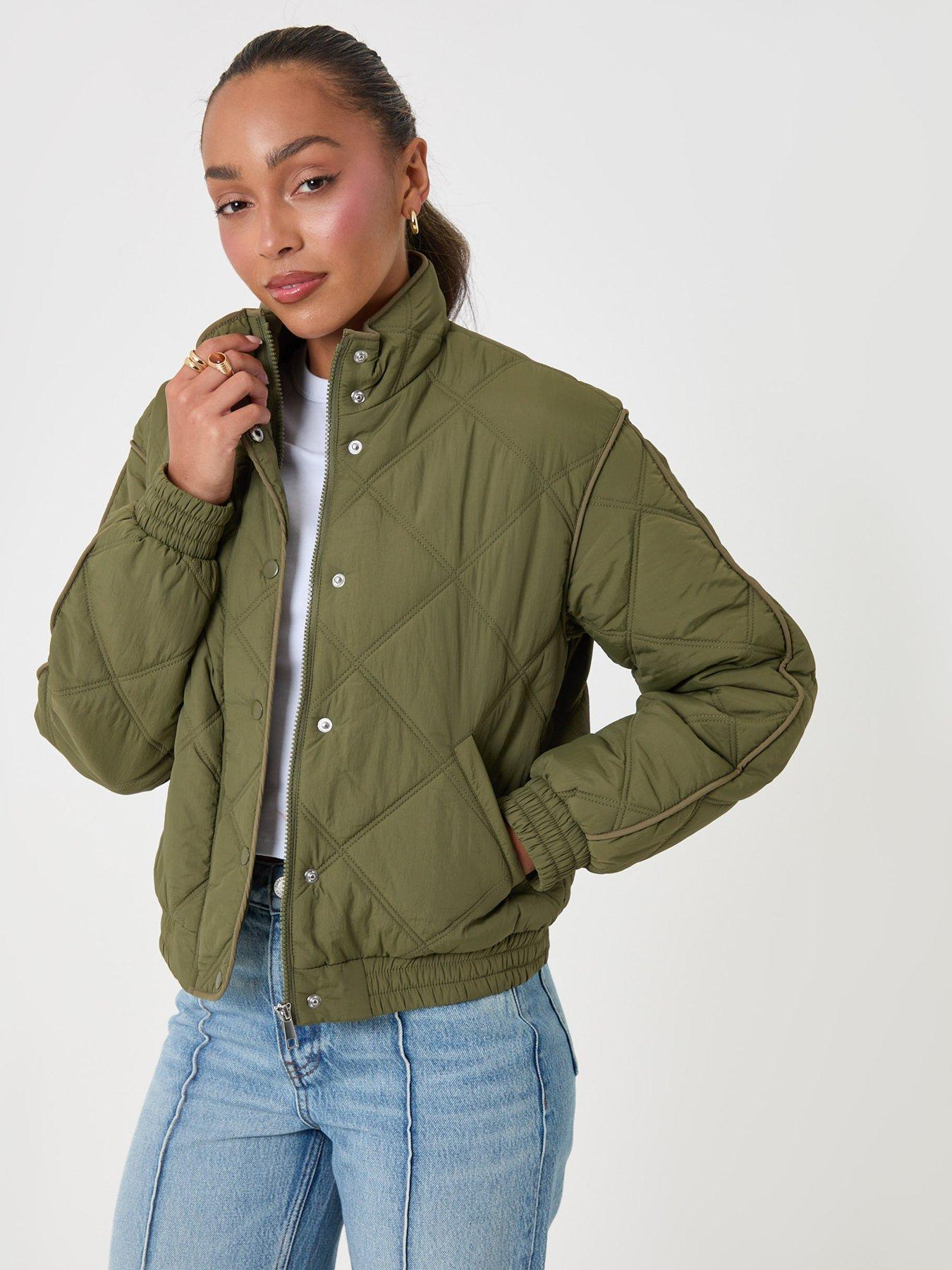 Image 1 of 4 of Threadbare Quilted Funnel Neck Bomber Jacket In Khaki