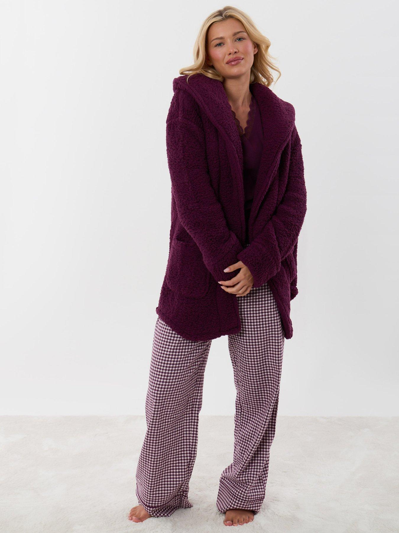 Image 3 of 6 of Threadbare Sherpa Fleece Open Dressing Gown In Plum
