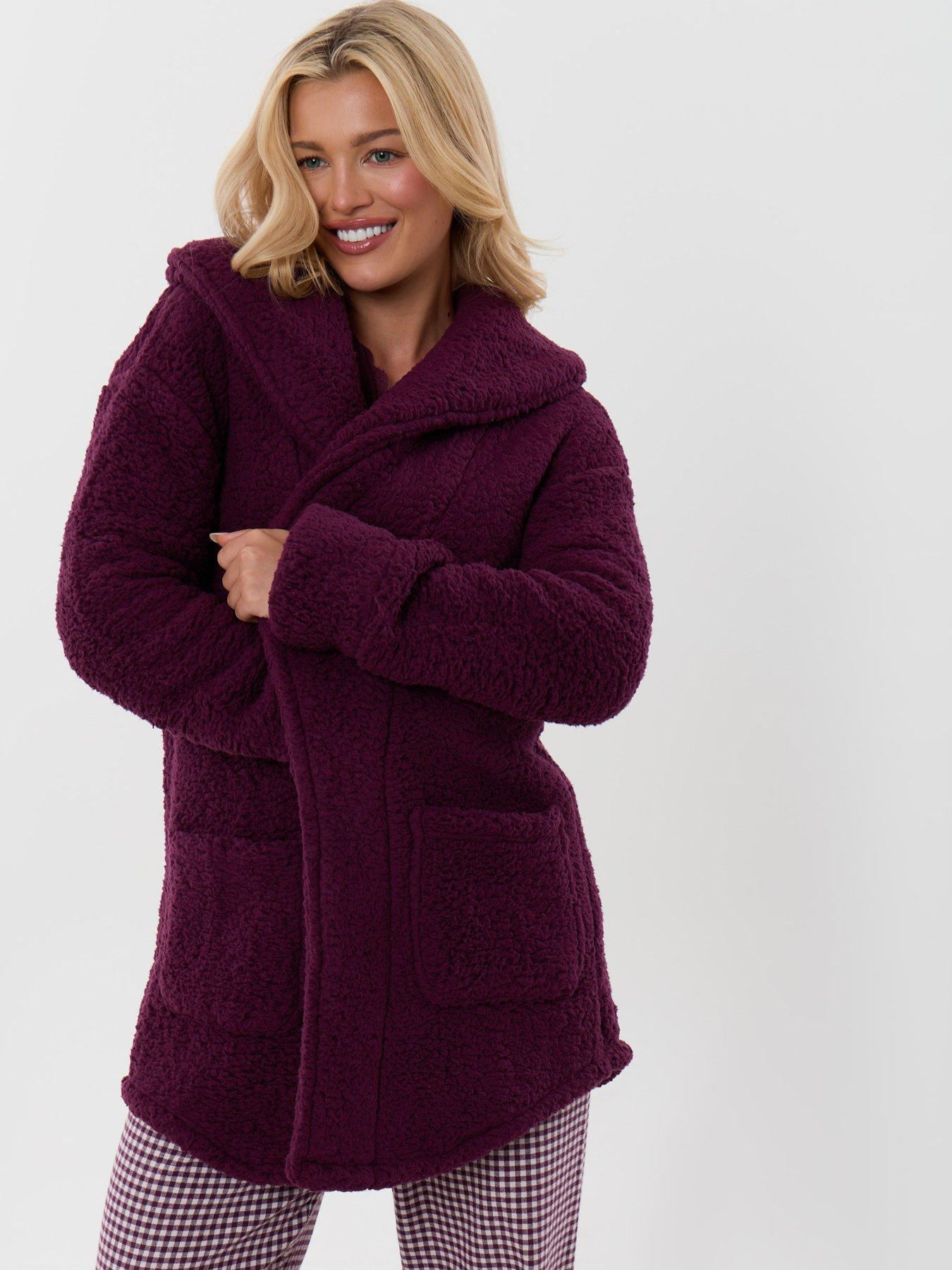 Image 4 of 6 of Threadbare Sherpa Fleece Open Dressing Gown In Plum