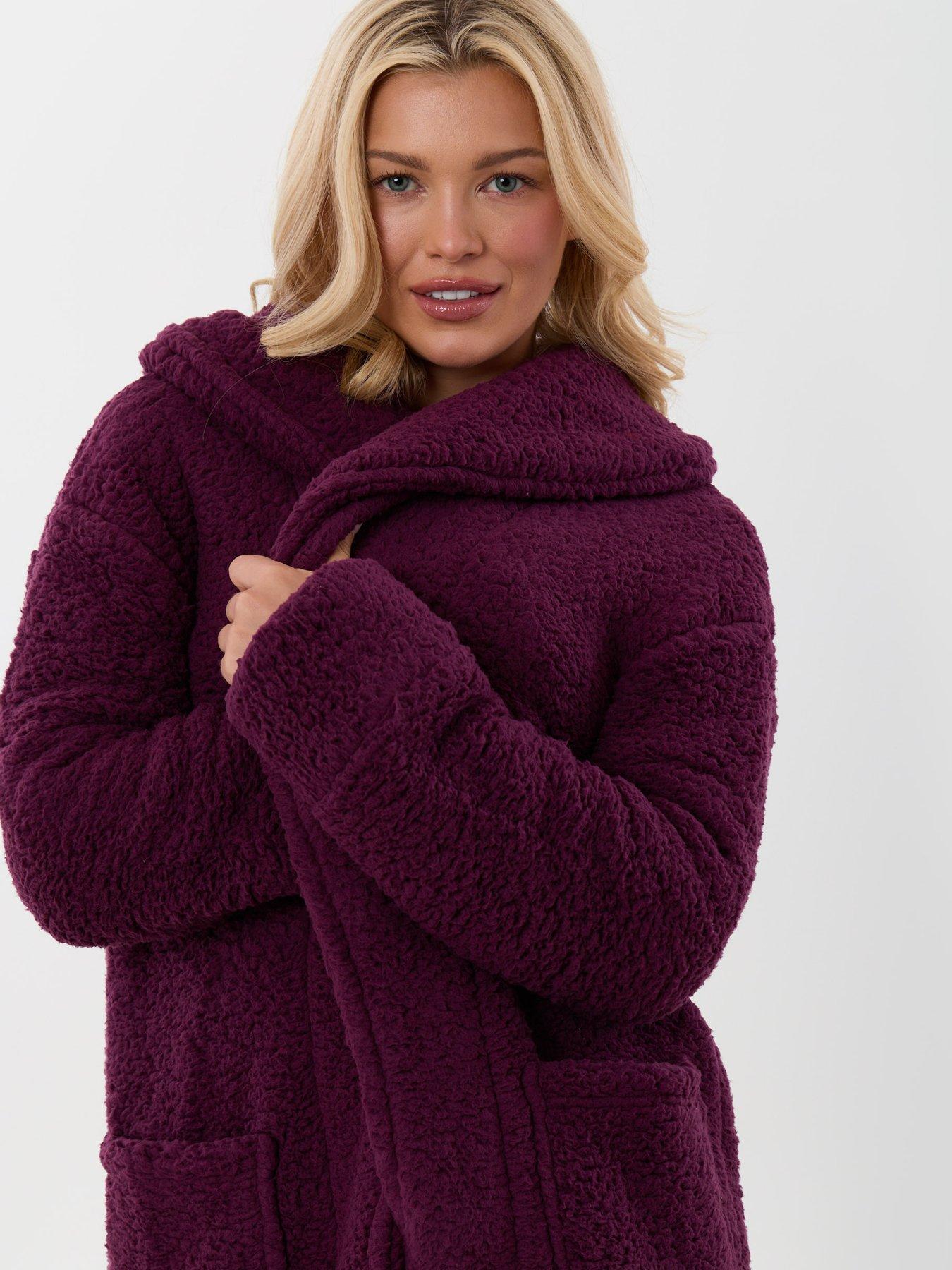 Image 5 of 6 of Threadbare Sherpa Fleece Open Dressing Gown In Plum